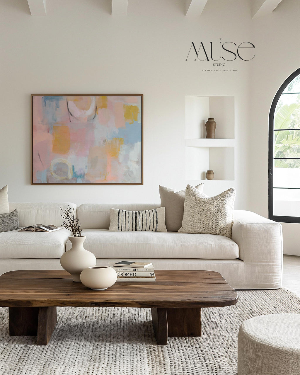 Pastel abstract canvas wall art in blush peach blue large horizontal painting warm minimalism pastel botanicals decor for bedroom MUSE 502