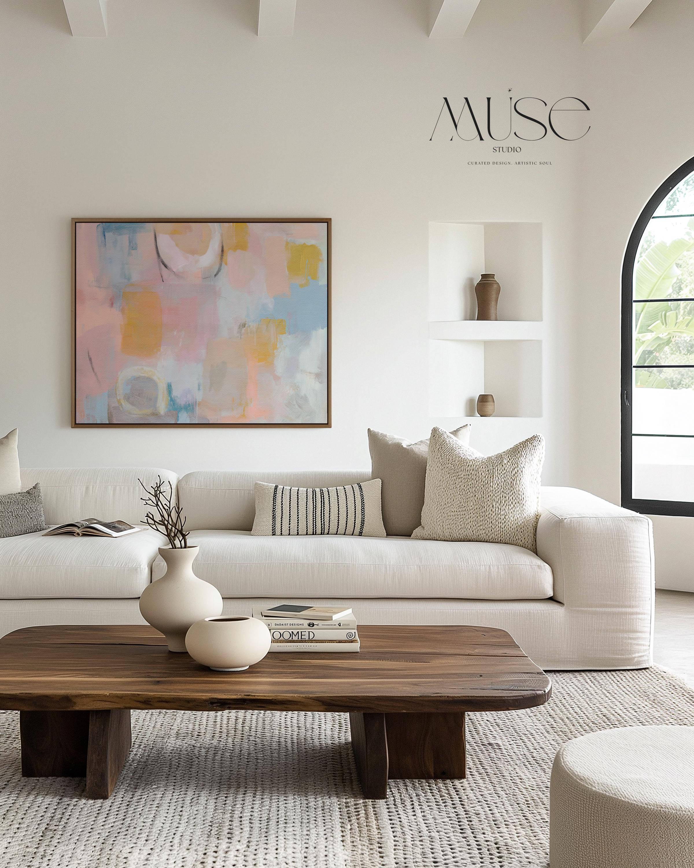 Pastel abstract canvas wall art in blush peach blue large horizontal painting warm minimalism pastel botanicals decor for bedroom MUSE 502