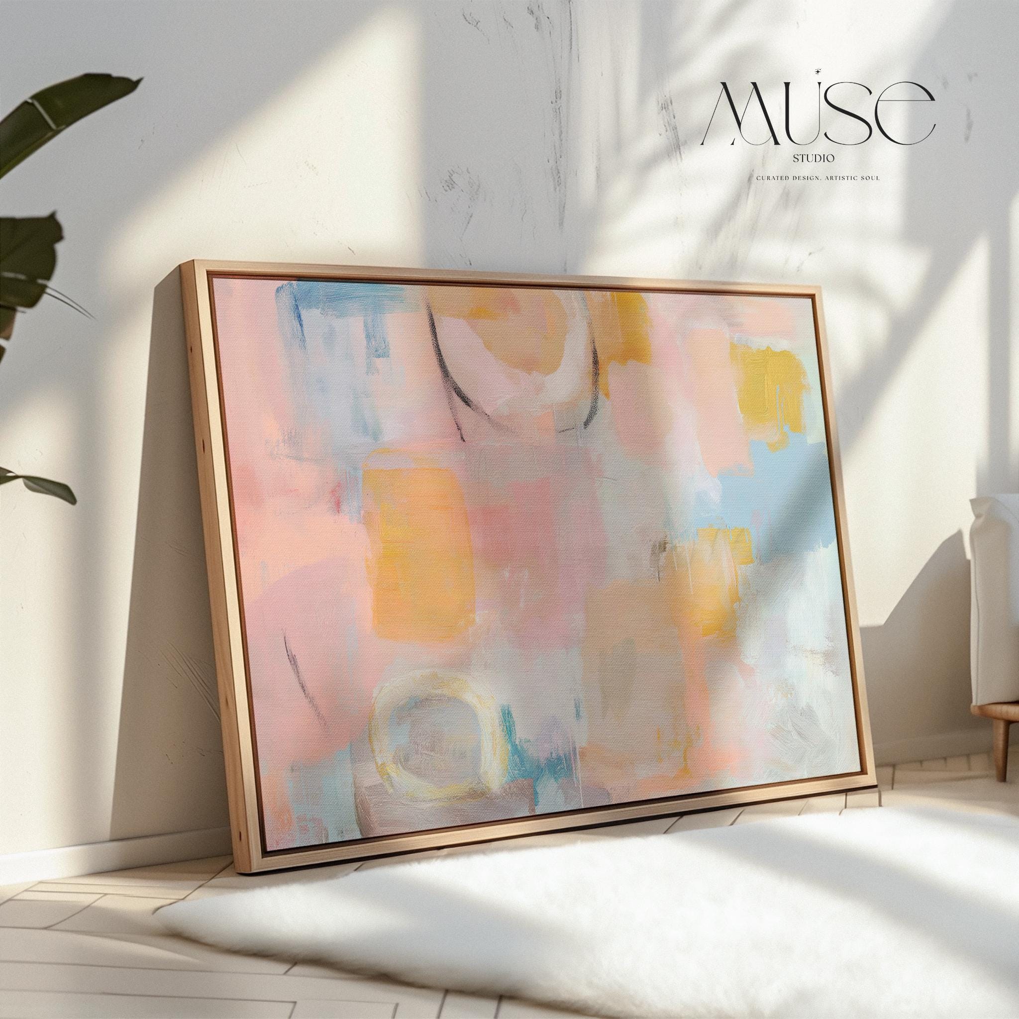 Pastel abstract canvas wall art in blush peach blue large horizontal painting warm minimalism pastel botanicals decor for bedroom MUSE 502