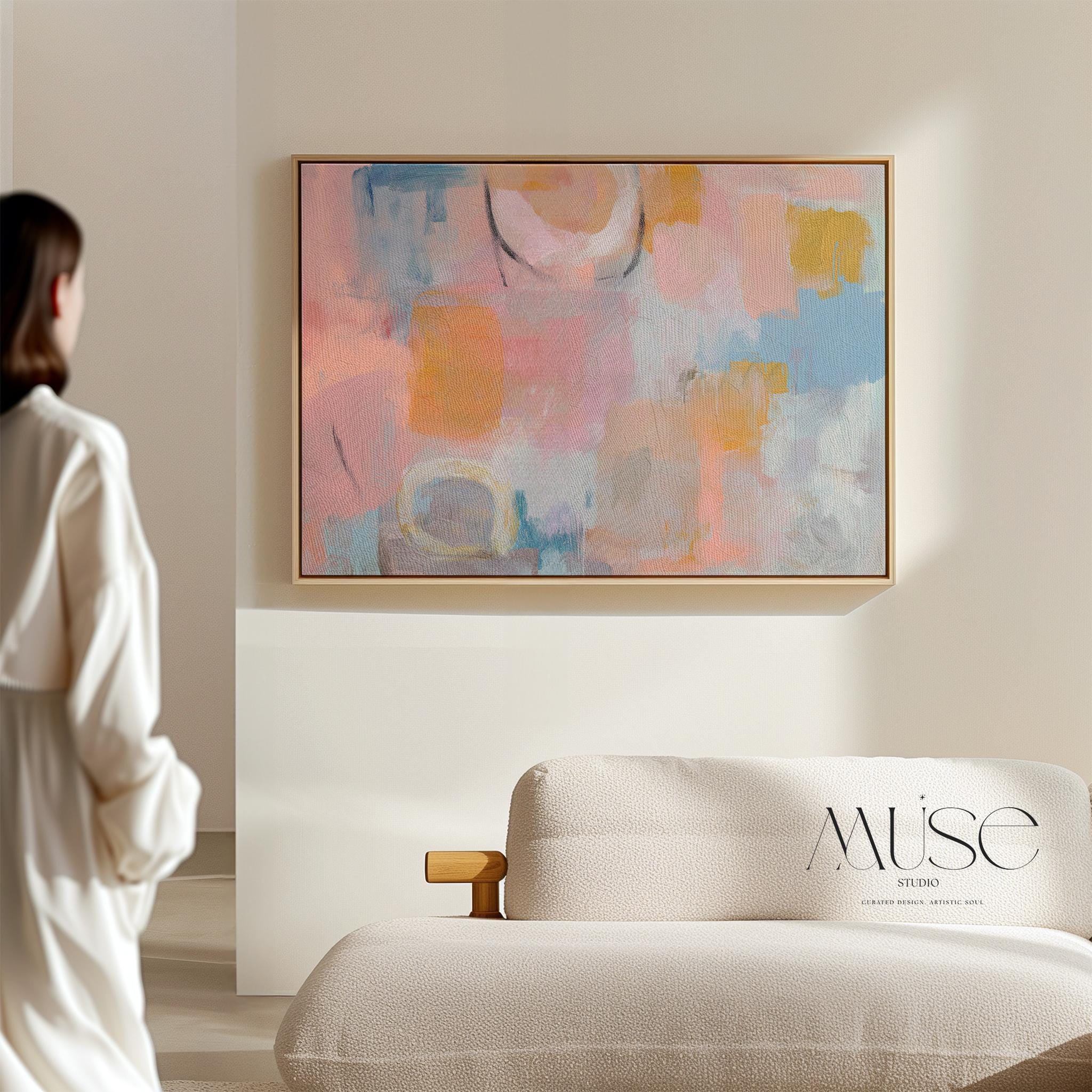 Pastel abstract canvas wall art in blush peach blue large horizontal painting warm minimalism pastel botanicals decor for bedroom MUSE 502