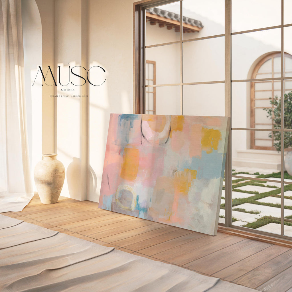 Oversized canvas wall art pastel abstract painting blush peach blue horizontal soft contemporary warm minimalism decor for bedroom MUSE 502