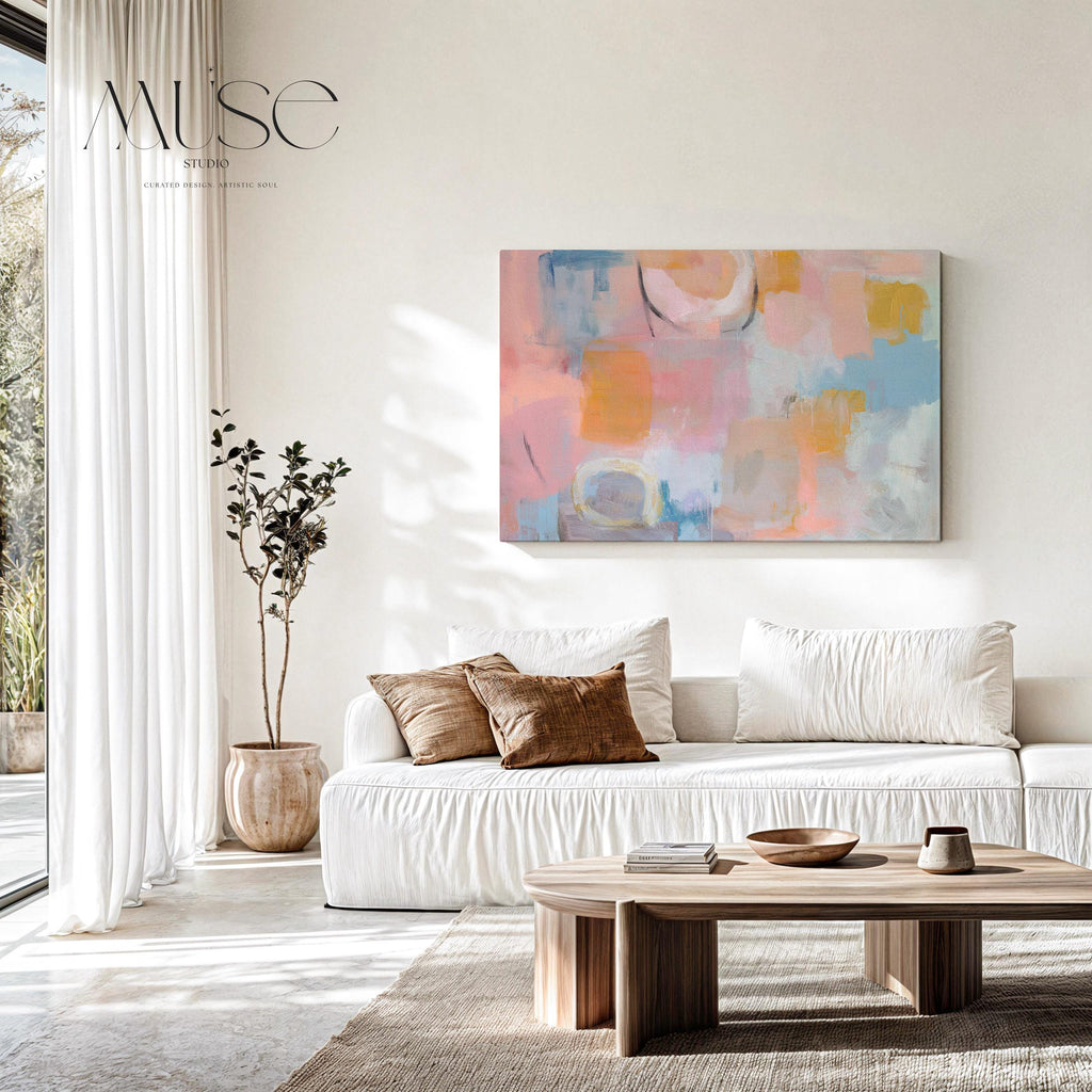 Oversized canvas wall art pastel abstract painting blush peach blue horizontal soft contemporary warm minimalism decor for bedroom MUSE 502