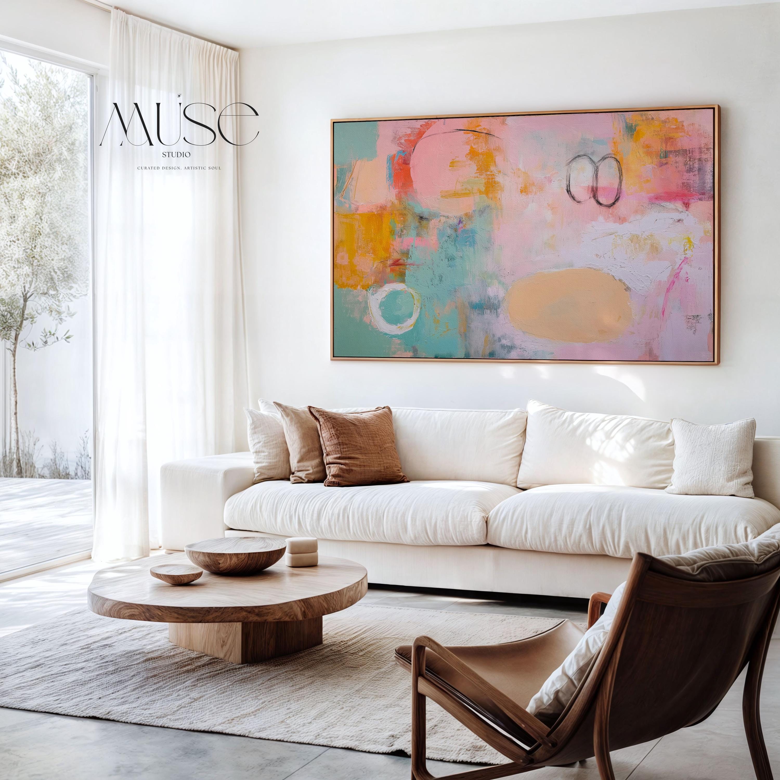 Oversized Framed canvas wall art abstract painting in pink teal orange large horizontal pop eclectic decor for living room office MUSE 503