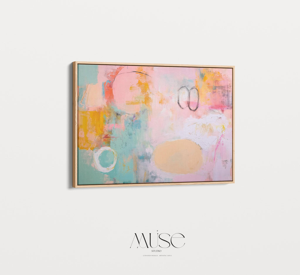 Oversized Framed canvas wall art abstract painting in pink teal orange large horizontal pop eclectic decor for living room office MUSE 503