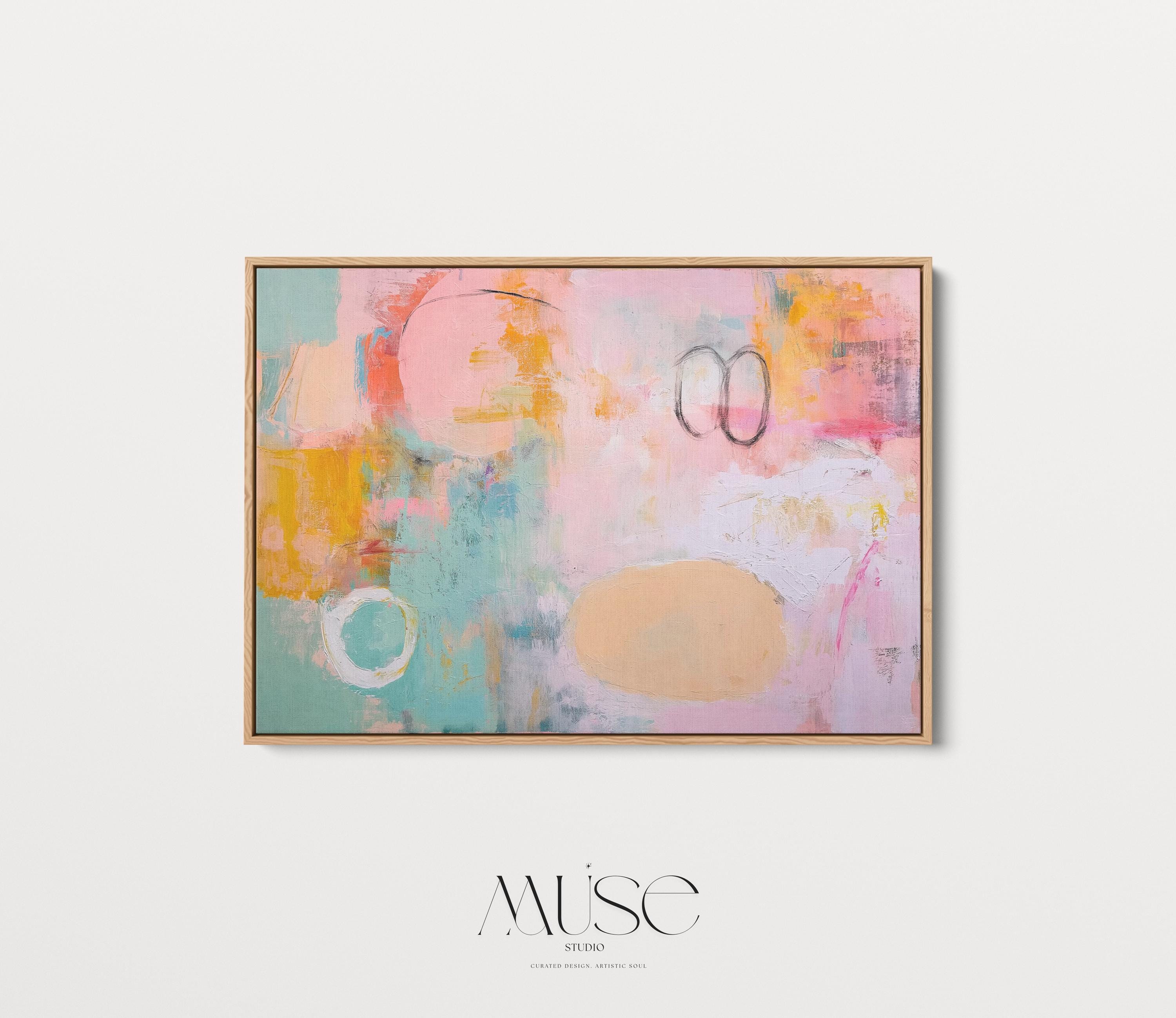 Oversized Framed canvas wall art abstract painting in pink teal orange large horizontal pop eclectic decor for living room office MUSE 503