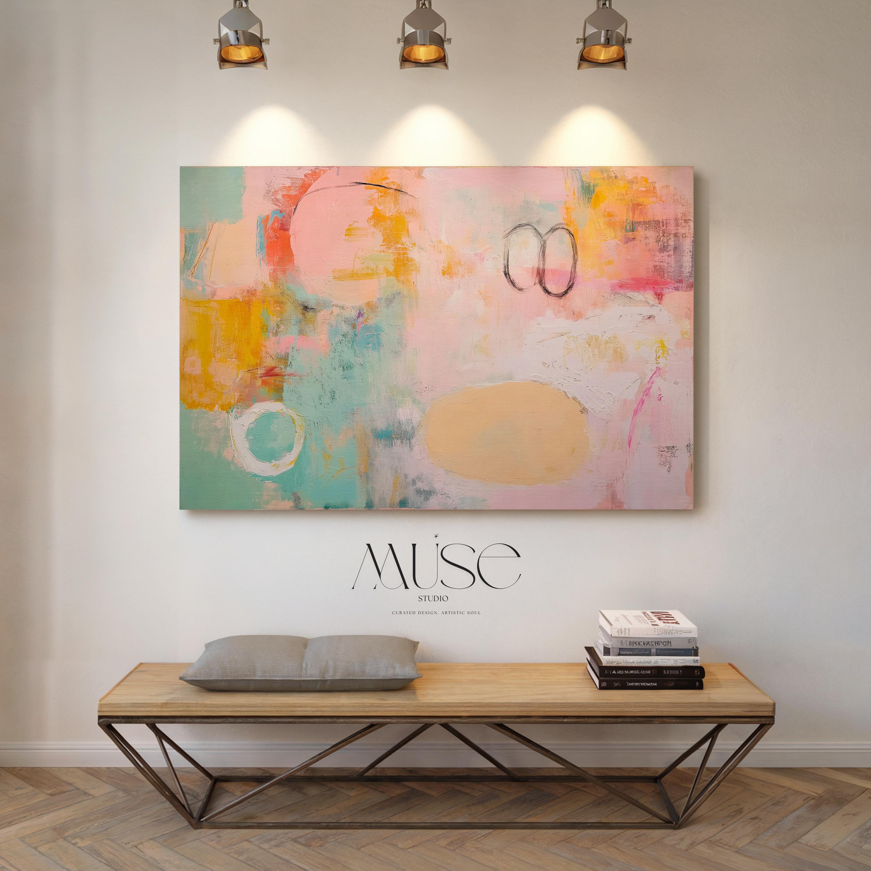 Oversized canvas wall art abstract painting in pink teal orange horizontal soft contemporary decor for living room or office MUSE 503 Room Staging Colorful abstract wall decor styled in a modern neutral home. Large statement wall art displayed in living room, bedroom, or office spaces. Vibrant canvas or giclée decor art adds bold visual impact to contemporary interiors, ideal for home staging, office design, and curated spaces. Muse Studio Decor Art.
