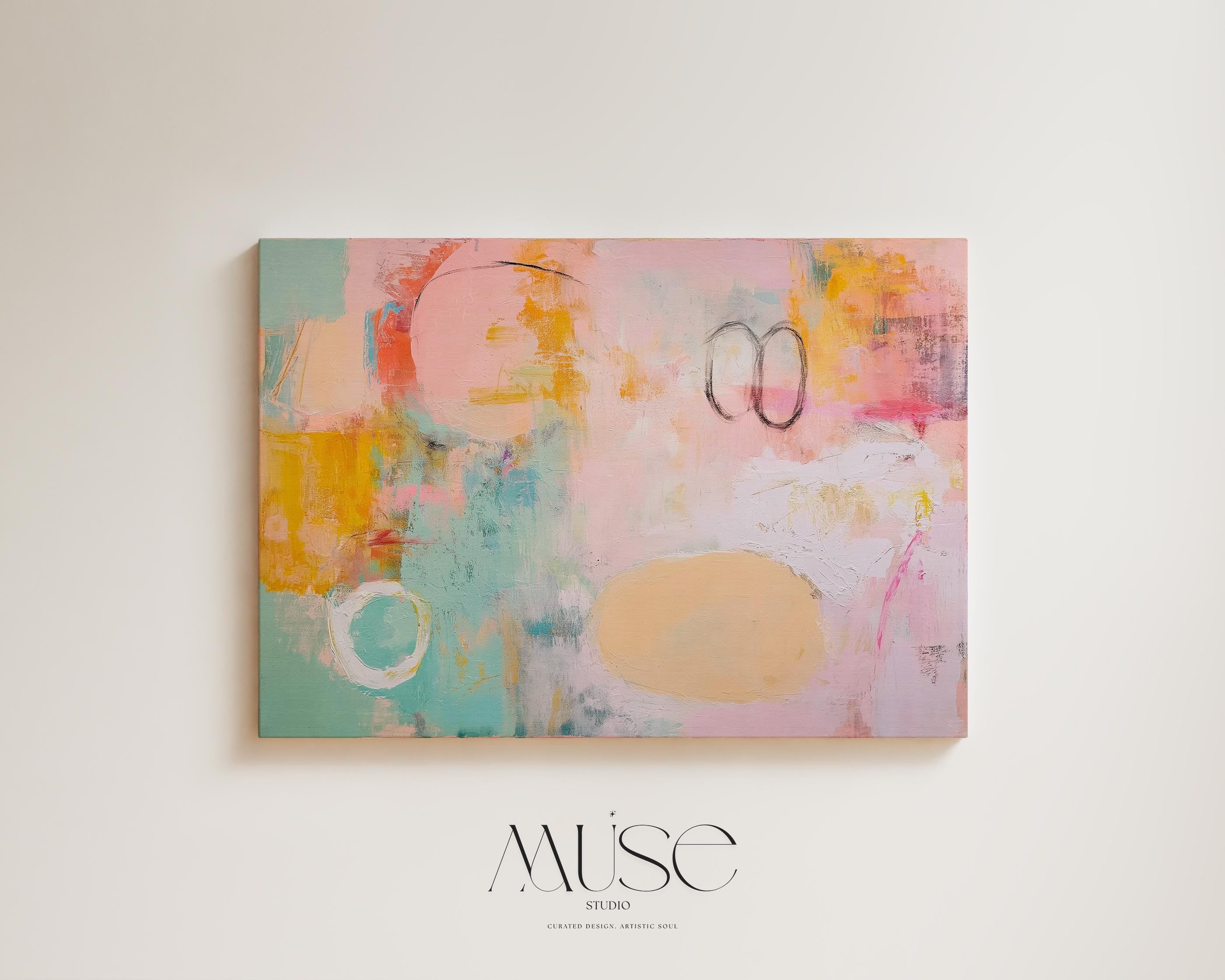 Oversized canvas wall art abstract painting in pink teal orange horizontal soft contemporary decor for living room or office MUSE 503 Stretched Canvas Art Large abstract wall decor on stretched canvas, gallery-wrapped and ready to hang. Perfect for colorful wall art in living rooms, office spaces, and design projects. Giclée canvas print with bold brushwork and vibrant modern style for impactful home decor. Muse Studio Decor Art.