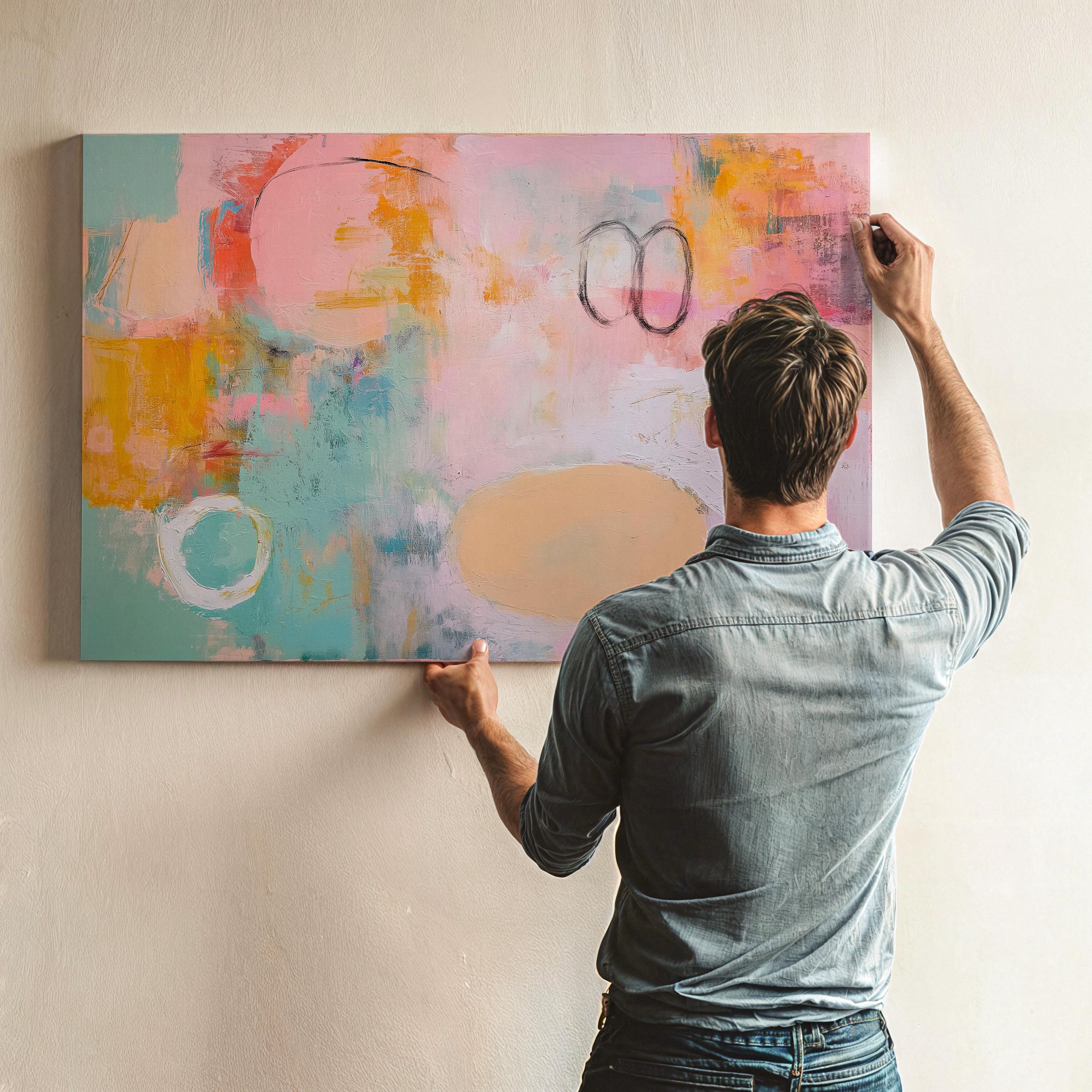 Oversized canvas wall art abstract painting in pink teal orange horizontal soft contemporary decor for living room or office MUSE 503 Stretched Canvas Art Large abstract wall decor on stretched canvas, gallery-wrapped and ready to hang. Perfect for colorful wall art in living rooms, office spaces, and design projects. Giclée canvas print with bold brushwork and vibrant modern style for impactful home decor. Muse Studio Decor Art.