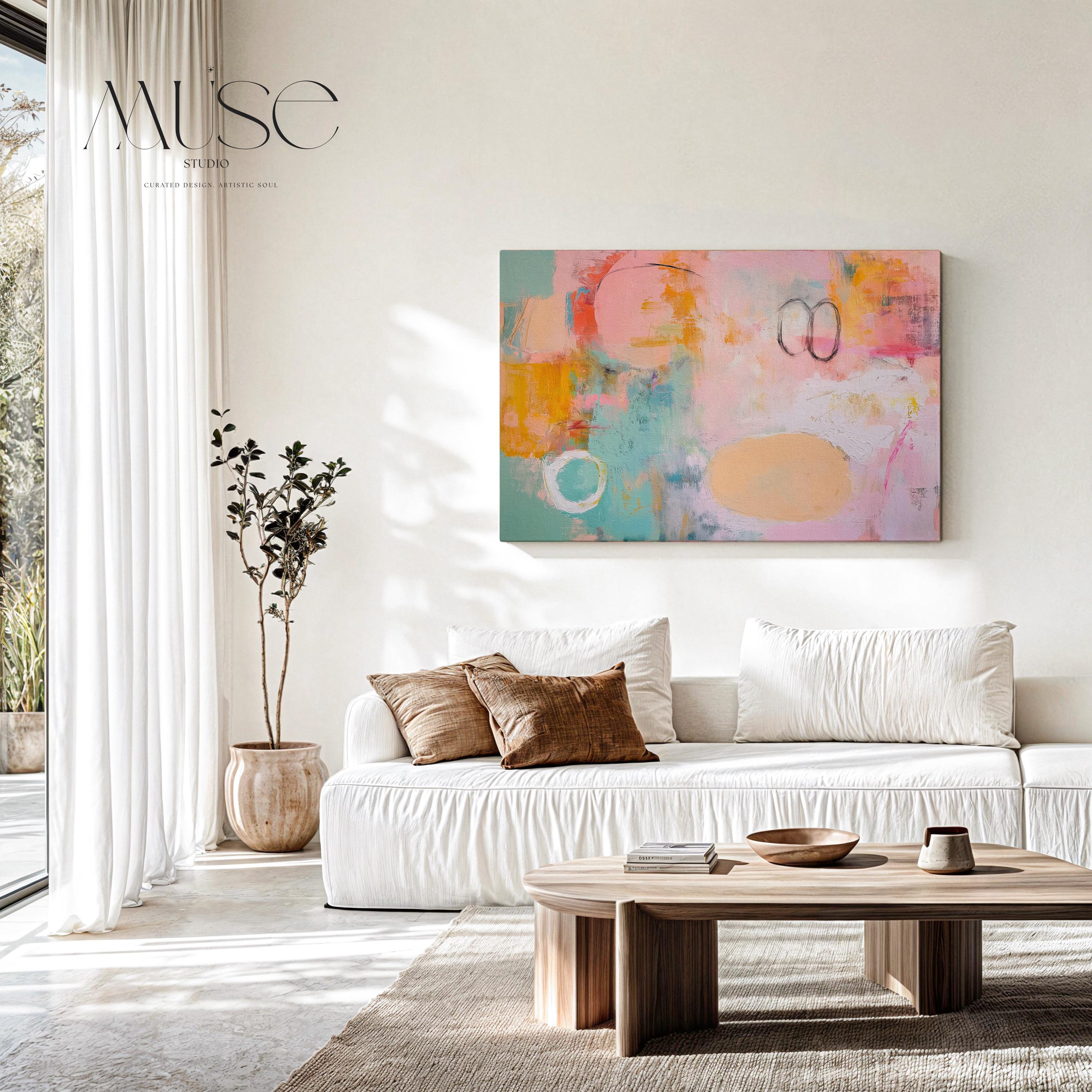 Oversized canvas wall art abstract painting in pink teal orange horizontal soft contemporary decor for living room or office MUSE 503 Room Staging Colorful abstract wall decor styled in a modern neutral home. Large statement wall art displayed in living room, bedroom, or office spaces. Vibrant canvas or giclée decor art adds bold visual impact to contemporary interiors, ideal for home staging, office design, and curated spaces. Muse Studio Decor Art.