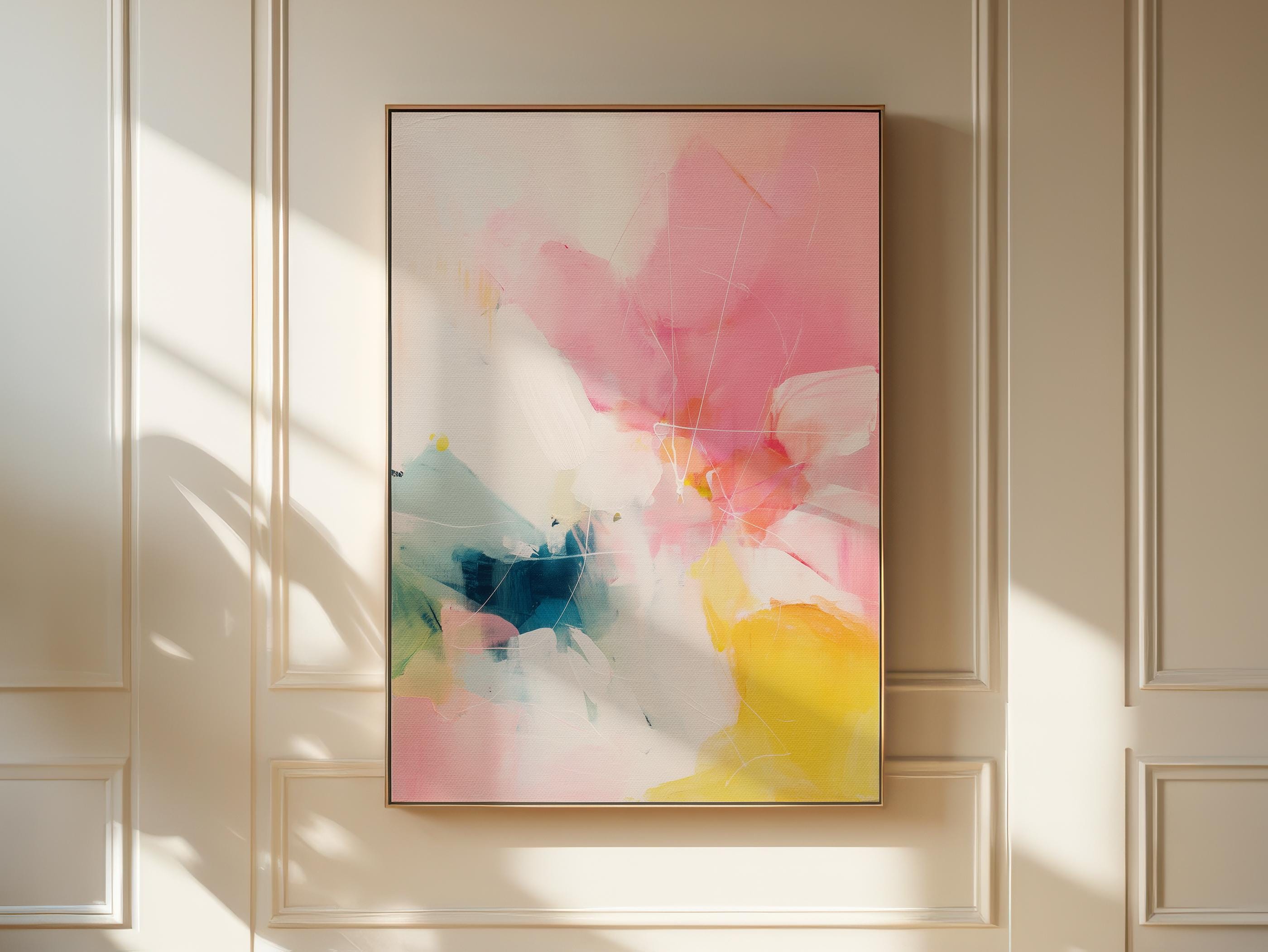 Framed canvas wall art abstract painting in pink yellow teal large vertical color pop preppy soft art decor for bedroom or hallway MUSE 505 Framed Canvas Art Colorful abstract wall art on framed canvas, perfect for bold decor art and modern wall decor. Large statement piece with expressive brushstrokes and rich textures. Ready-to-hang giclée canvas designed to energize living rooms, offices, bedrooms and curated interiors. Muse Studio Decor Art.