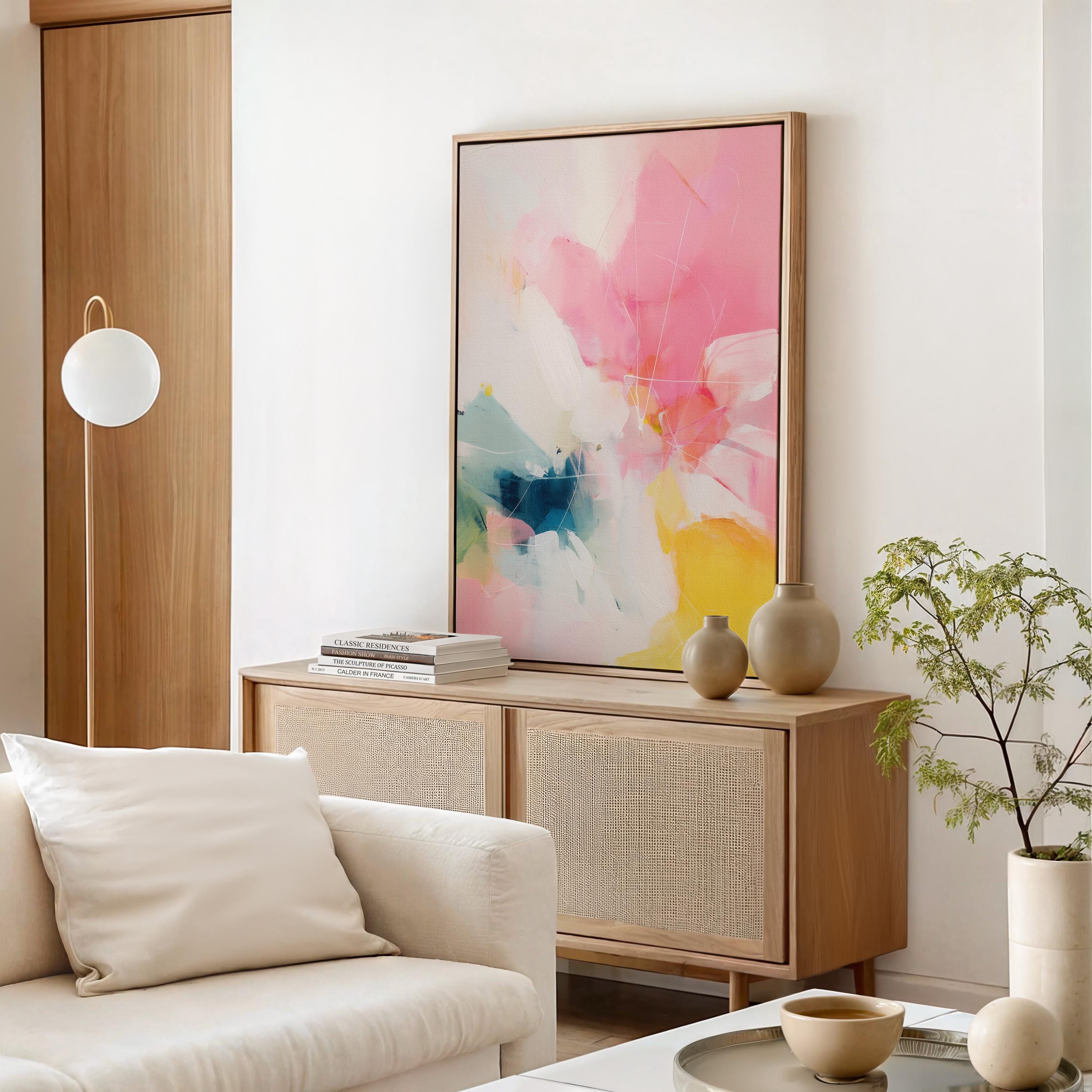 Framed canvas wall art abstract painting in pink yellow teal large vertical color pop preppy soft art decor for bedroom or hallway MUSE 505 Framed Canvas Art Colorful abstract wall art on framed canvas, perfect for bold decor art and modern wall decor. Large statement piece with expressive brushstrokes and rich textures. Ready-to-hang giclée canvas designed to energize living rooms, offices, bedrooms and curated interiors. Muse Studio Decor Art.