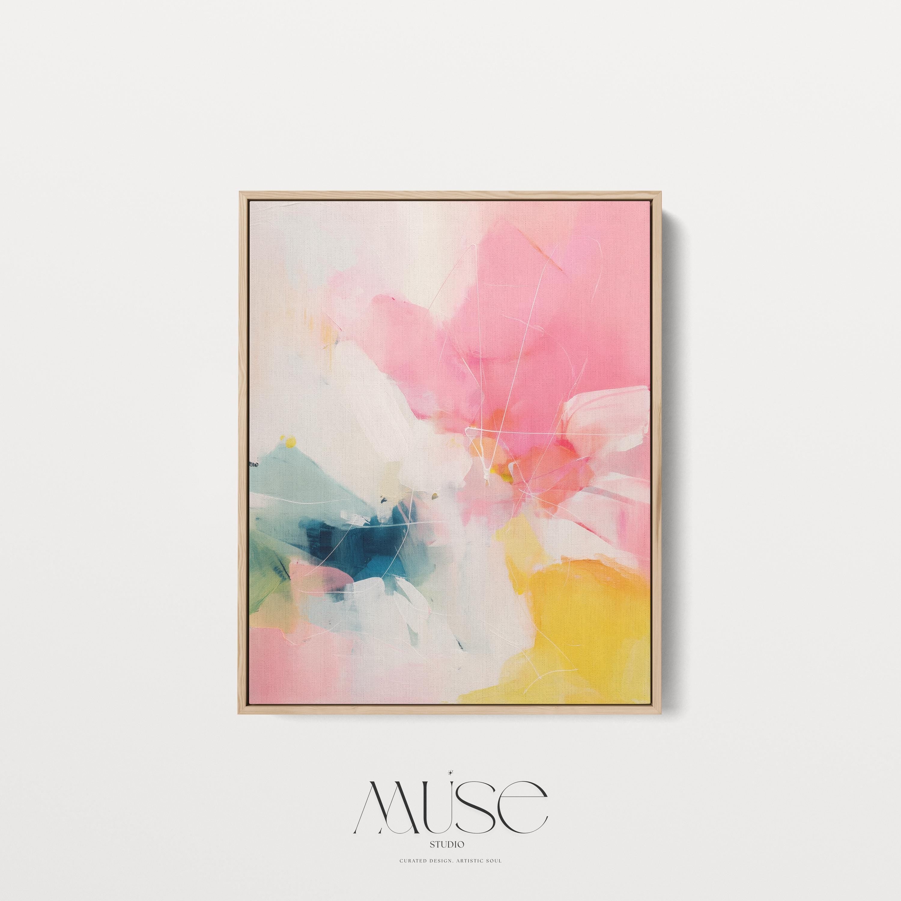 Framed canvas wall art abstract painting in pink yellow teal large vertical color pop preppy soft art decor for bedroom or hallway MUSE 505 Framed Canvas Art Colorful abstract wall art on framed canvas, perfect for bold decor art and modern wall decor. Large statement piece with expressive brushstrokes and rich textures. Ready-to-hang giclée canvas designed to energize living rooms, offices, bedrooms and curated interiors. Muse Studio Decor Art.