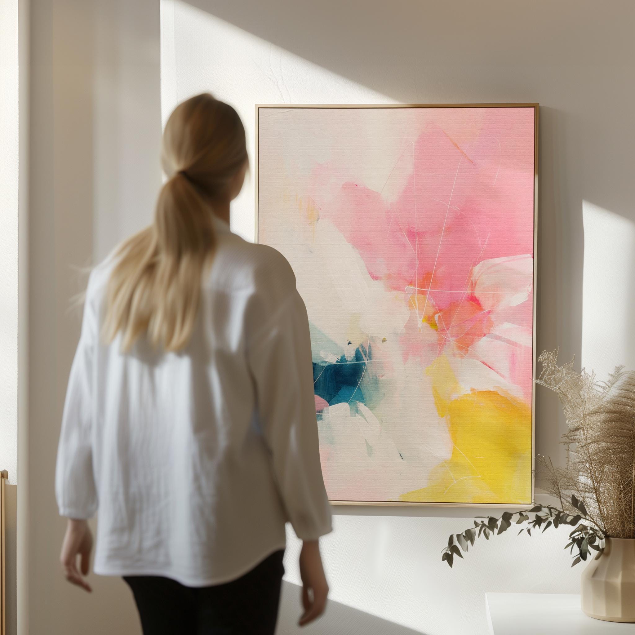 Framed canvas wall art abstract painting in pink yellow teal large vertical color pop preppy soft art decor for bedroom or hallway MUSE 505 Framed Canvas Art Colorful abstract wall art on framed canvas, perfect for bold decor art and modern wall decor. Large statement piece with expressive brushstrokes and rich textures. Ready-to-hang giclée canvas designed to energize living rooms, offices, bedrooms and curated interiors. Muse Studio Decor Art.