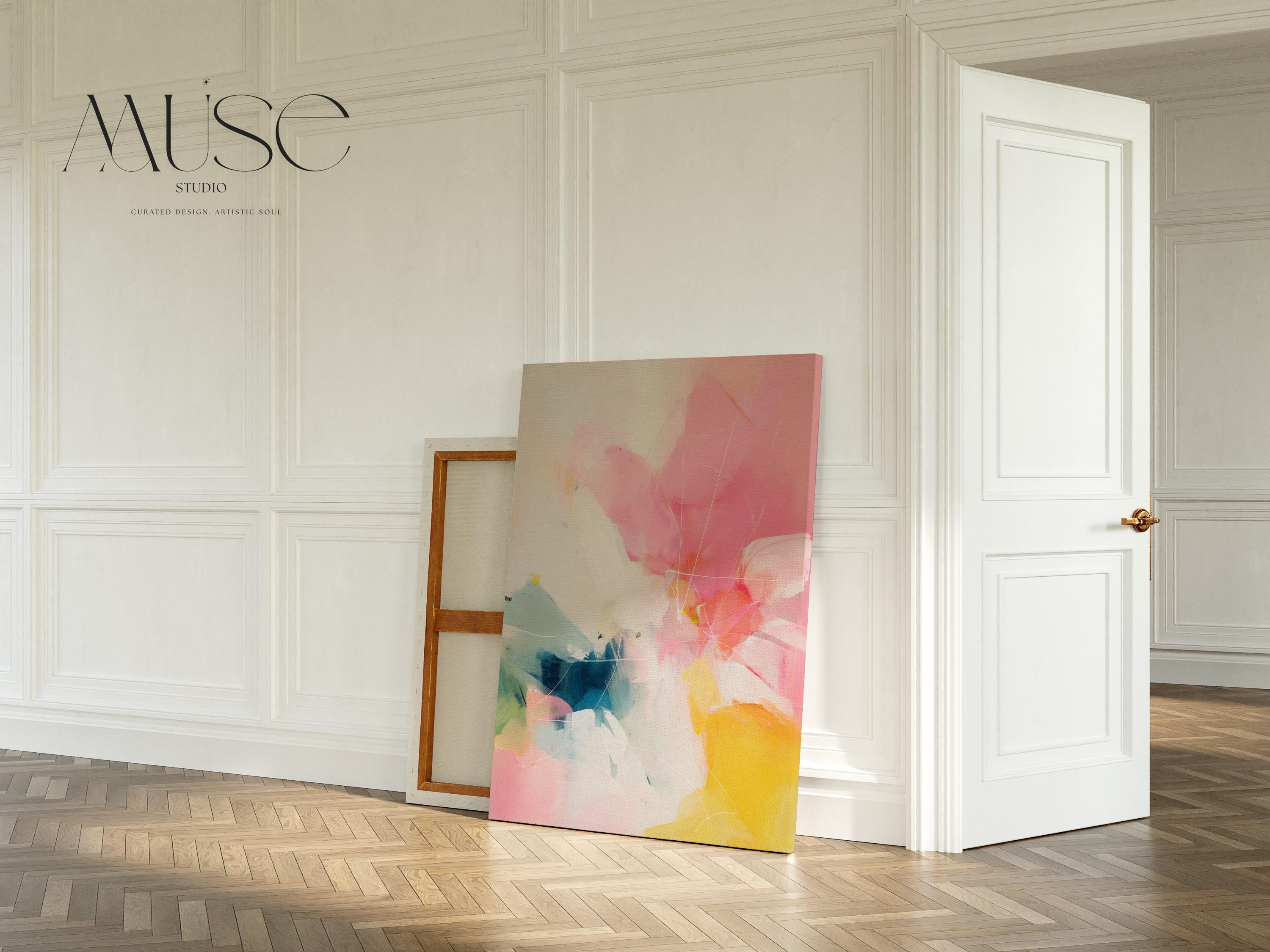 Vertical canvas wall art abstract painting in pink yellow teal oversized color pop preppy soft art decor for bedroom or hallway MUSE 505 Stretched Canvas Art Large abstract wall decor on stretched canvas, gallery-wrapped and ready to hang. Perfect for colorful wall art in living rooms, office spaces, and design projects. Giclée canvas print with bold brushwork and vibrant modern style for impactful home decor. Muse Studio Decor Art.