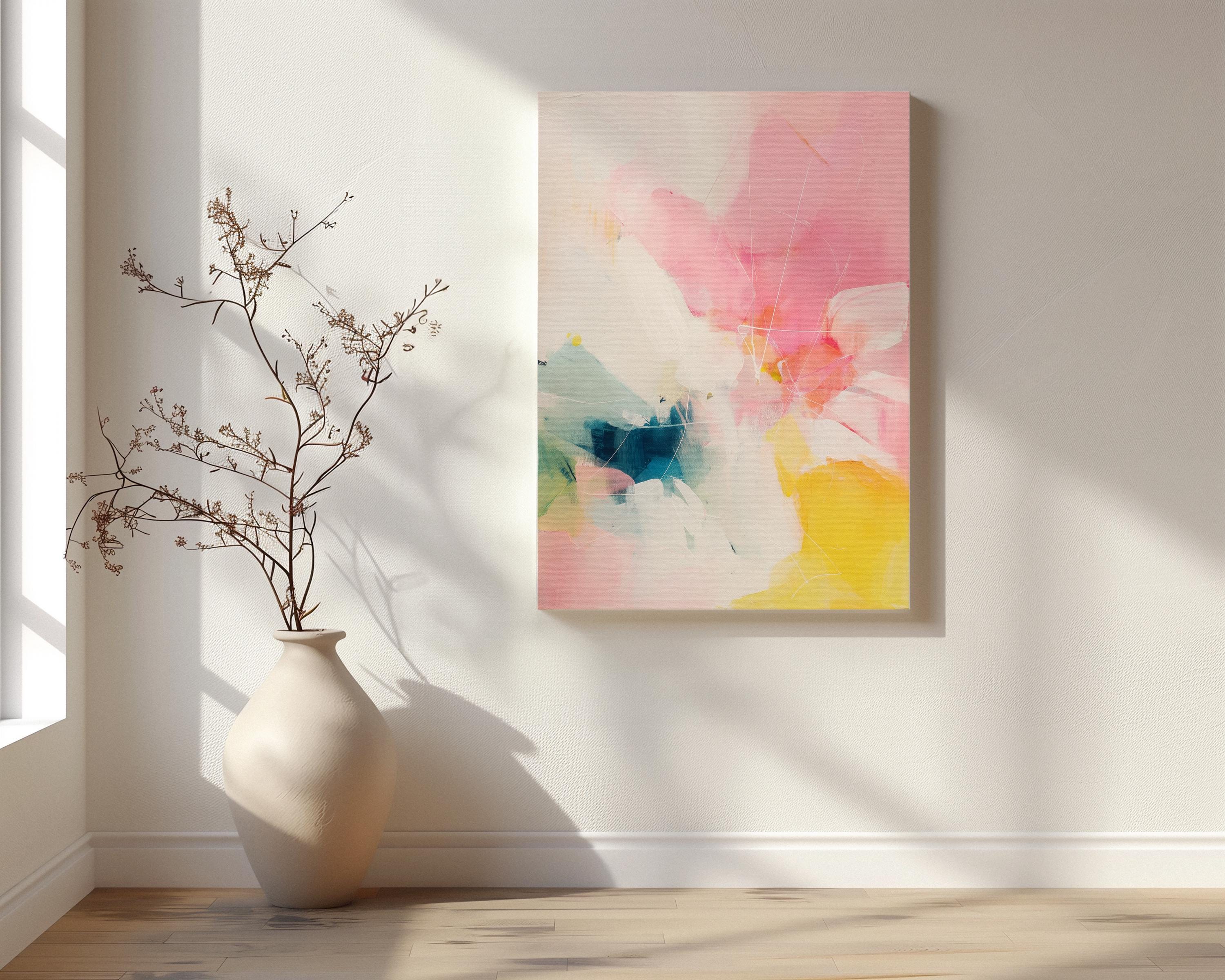 Vertical canvas wall art abstract painting in pink yellow teal oversized color pop preppy soft art decor for bedroom or hallway MUSE 505 Stretched Canvas Art Large abstract wall decor on stretched canvas, gallery-wrapped and ready to hang. Perfect for colorful wall art in living rooms, office spaces, and design projects. Giclée canvas print with bold brushwork and vibrant modern style for impactful home decor. Muse Studio Decor Art.