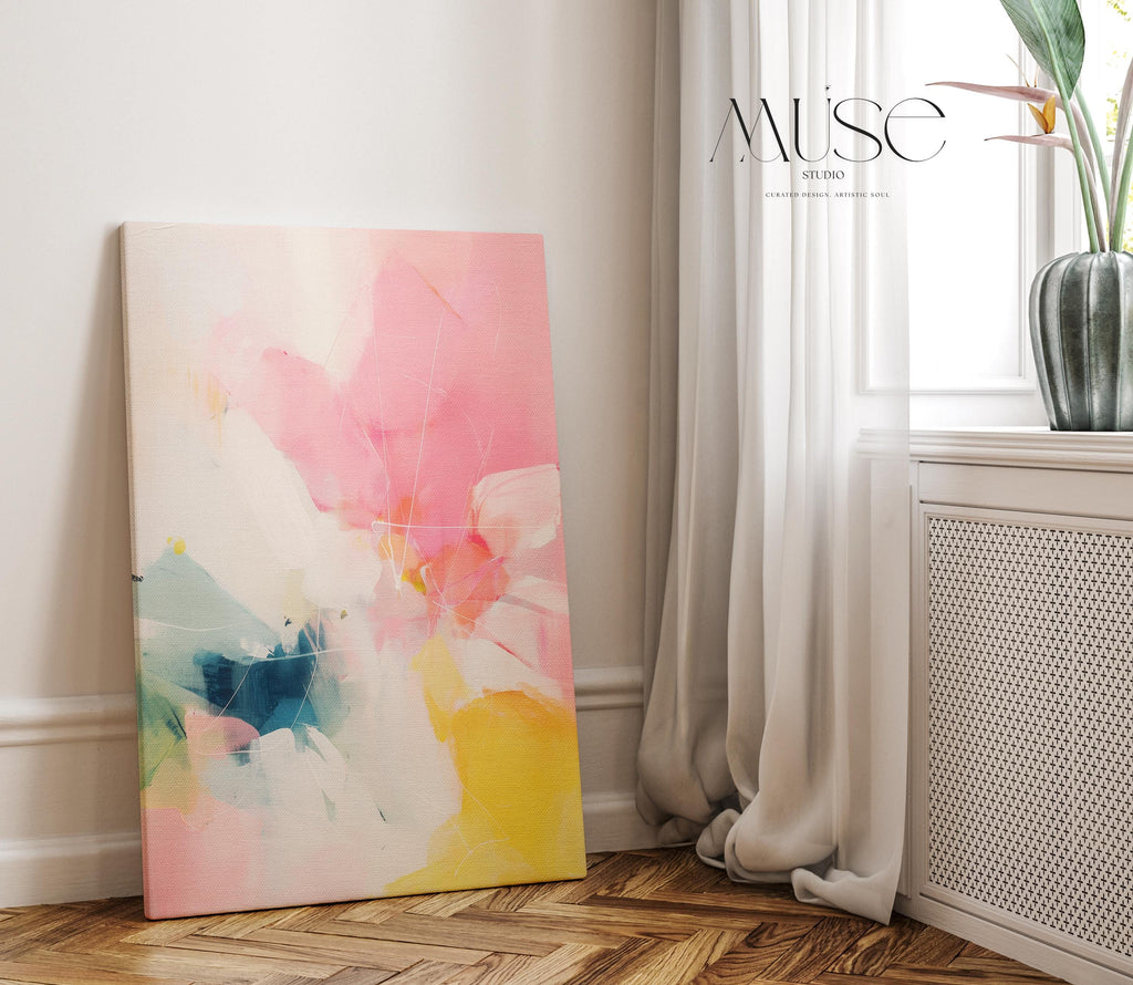 Vertical canvas wall art abstract painting in pink yellow teal oversized color pop preppy soft art decor for bedroom or hallway MUSE 505 Stretched Canvas Art Large abstract wall decor on stretched canvas, gallery-wrapped and ready to hang. Perfect for colorful wall art in living rooms, office spaces, and design projects. Giclée canvas print with bold brushwork and vibrant modern style for impactful home decor. Muse Studio Decor Art.
