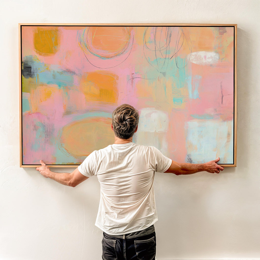 Framed canvas wall art abstract painting in peach blush aqua large pastel decor preppy soft art warm minimalism for bedroom living MUSE 504