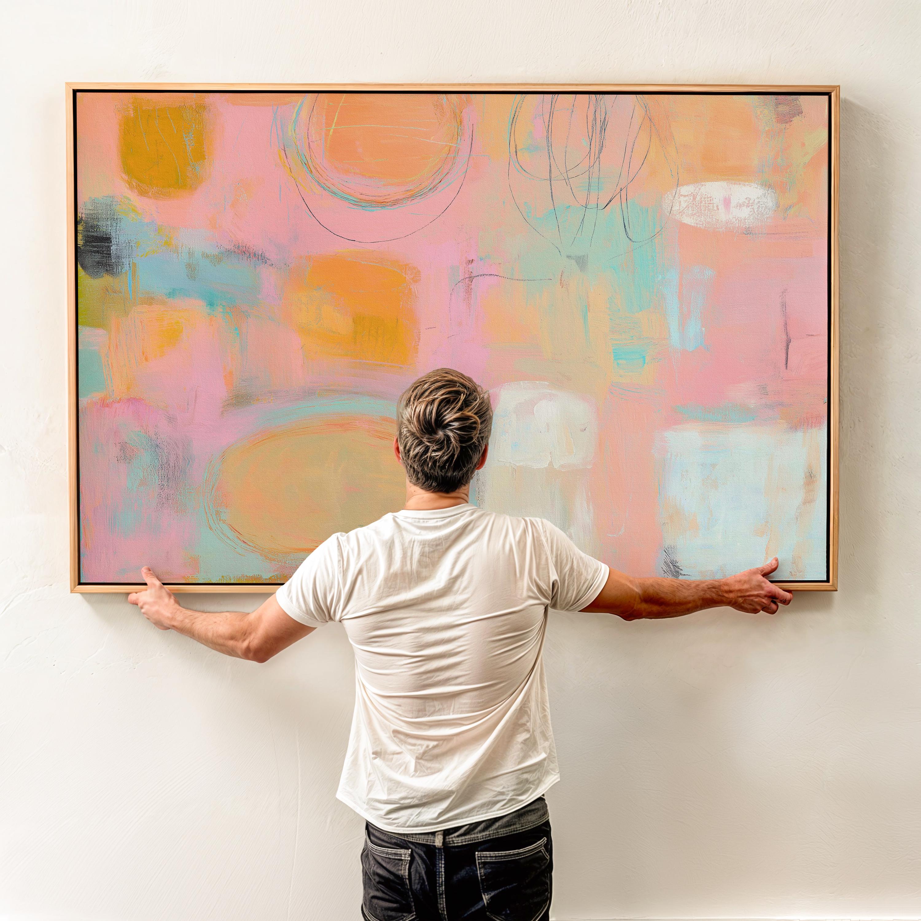 Framed canvas wall art abstract painting in peach blush aqua large pastel decor preppy soft art warm minimalism for bedroom living MUSE 504