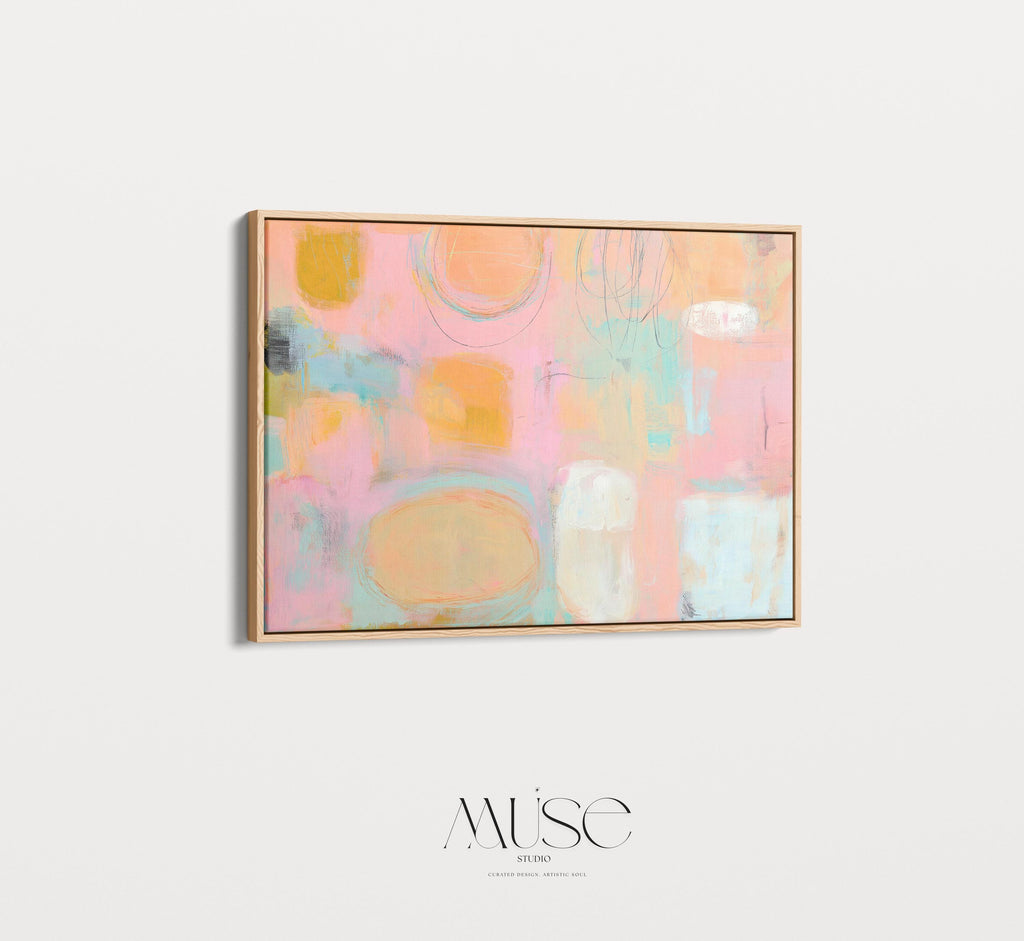 Framed canvas wall art abstract painting in peach blush aqua large pastel decor preppy soft art warm minimalism for bedroom living MUSE 504