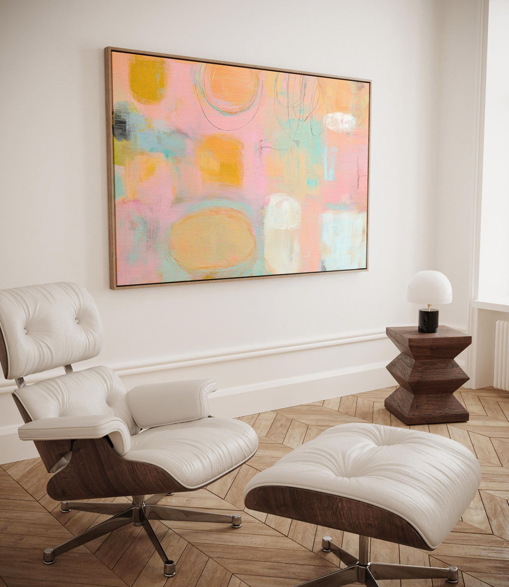 Framed canvas wall art abstract painting in peach blush aqua large pastel decor preppy soft art warm minimalism for bedroom living MUSE 504