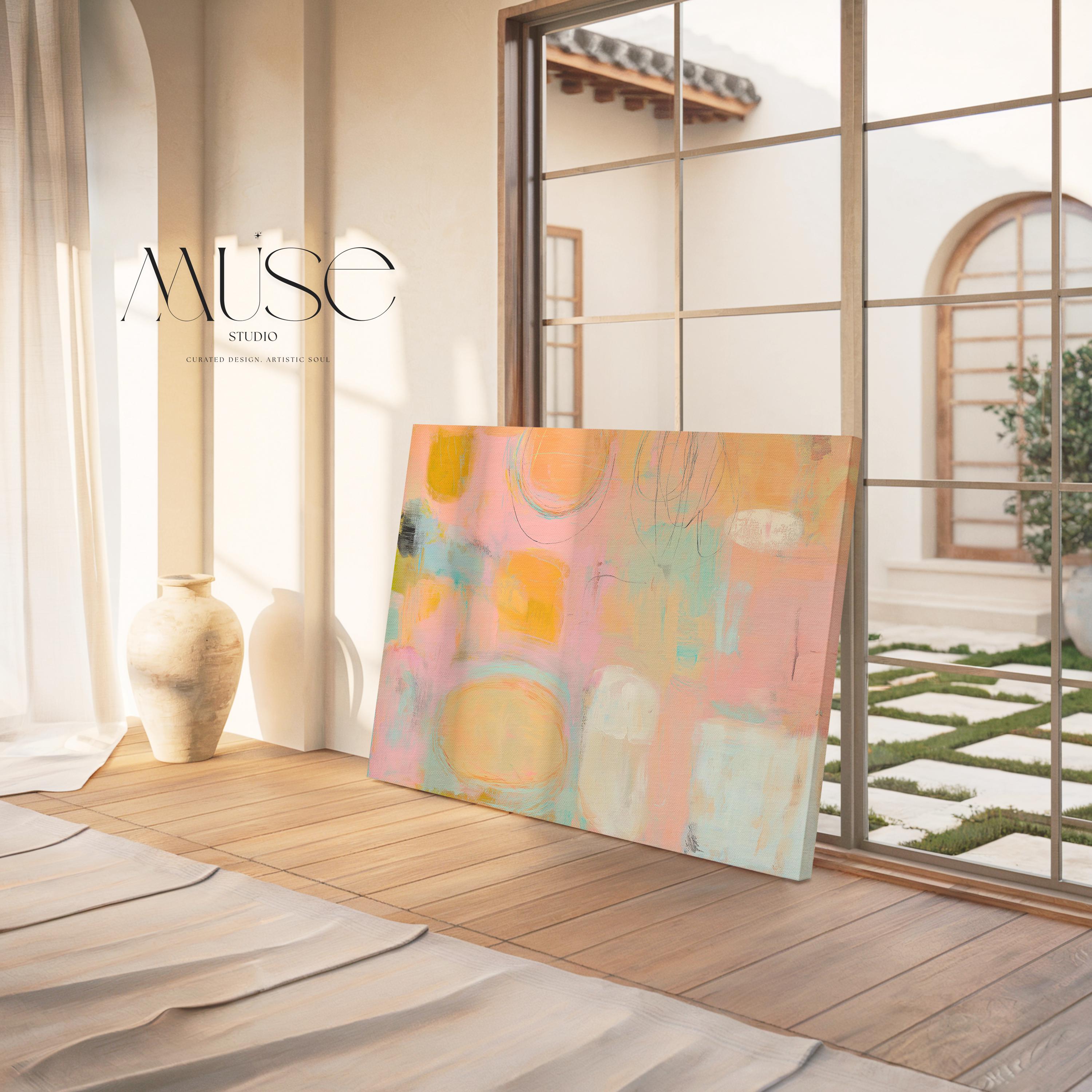 Horizontal pastel abstract wall art in soft peach, pink, and aqua tones with a warm minimal and preppy soft art style. Designed as oversized canvas wall art for bedrooms, living rooms, or serene interiors. Available as gallery-wrapped or framed canvas by Muse Studio.