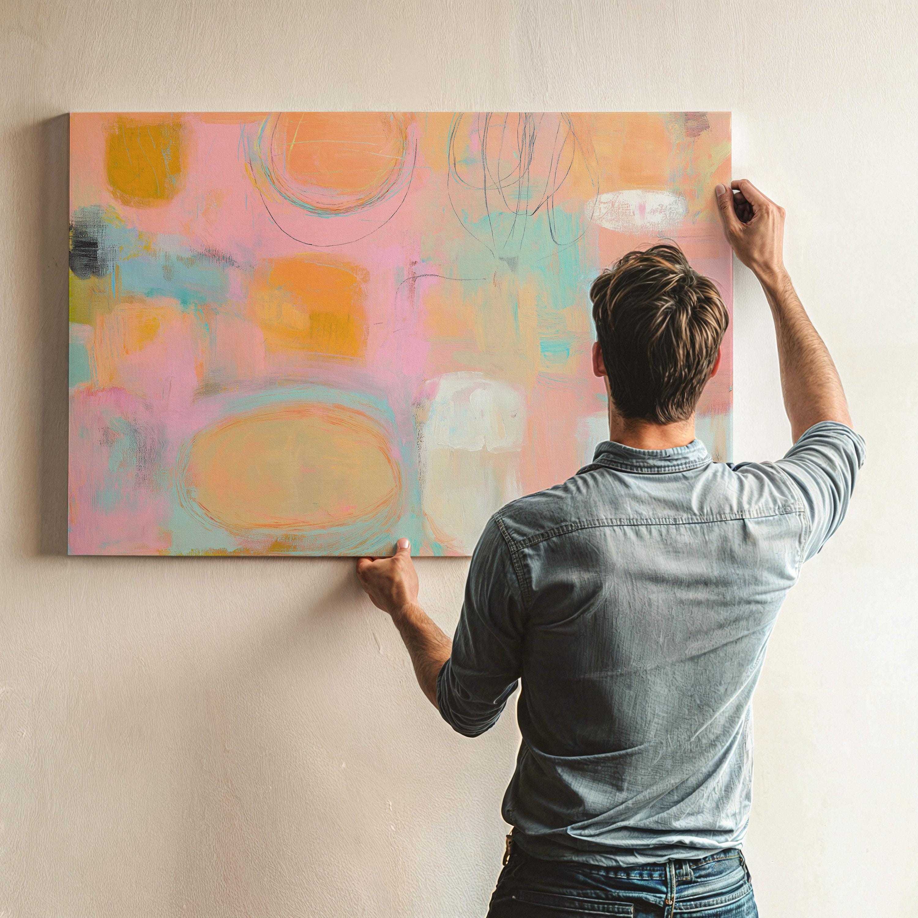 Oversized canvas wall art pastel abstract painting peach pink aqua horizontal soft decor preppy soft art warm minimalism bedroom MUSE 504 Stretched Canvas Art Large abstract wall decor on stretched canvas, gallery-wrapped and ready to hang. Perfect for colorful wall art in living rooms, office spaces, and design projects. Giclée canvas print with bold brushwork and vibrant modern style for impactful home decor. Muse Studio Decor Art.