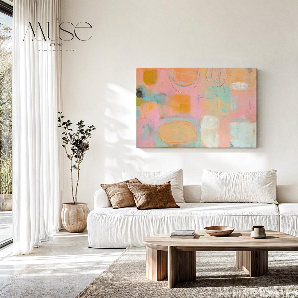 Oversized canvas wall art pastel abstract painting peach pink aqua horizontal soft decor preppy soft art warm minimalism bedroom MUSE 504 Stretched Canvas Art Large abstract wall decor on stretched canvas, gallery-wrapped and ready to hang. Perfect for colorful wall art in living rooms, office spaces, and design projects. Giclée canvas print with bold brushwork and vibrant modern style for impactful home decor. Muse Studio Decor Art.