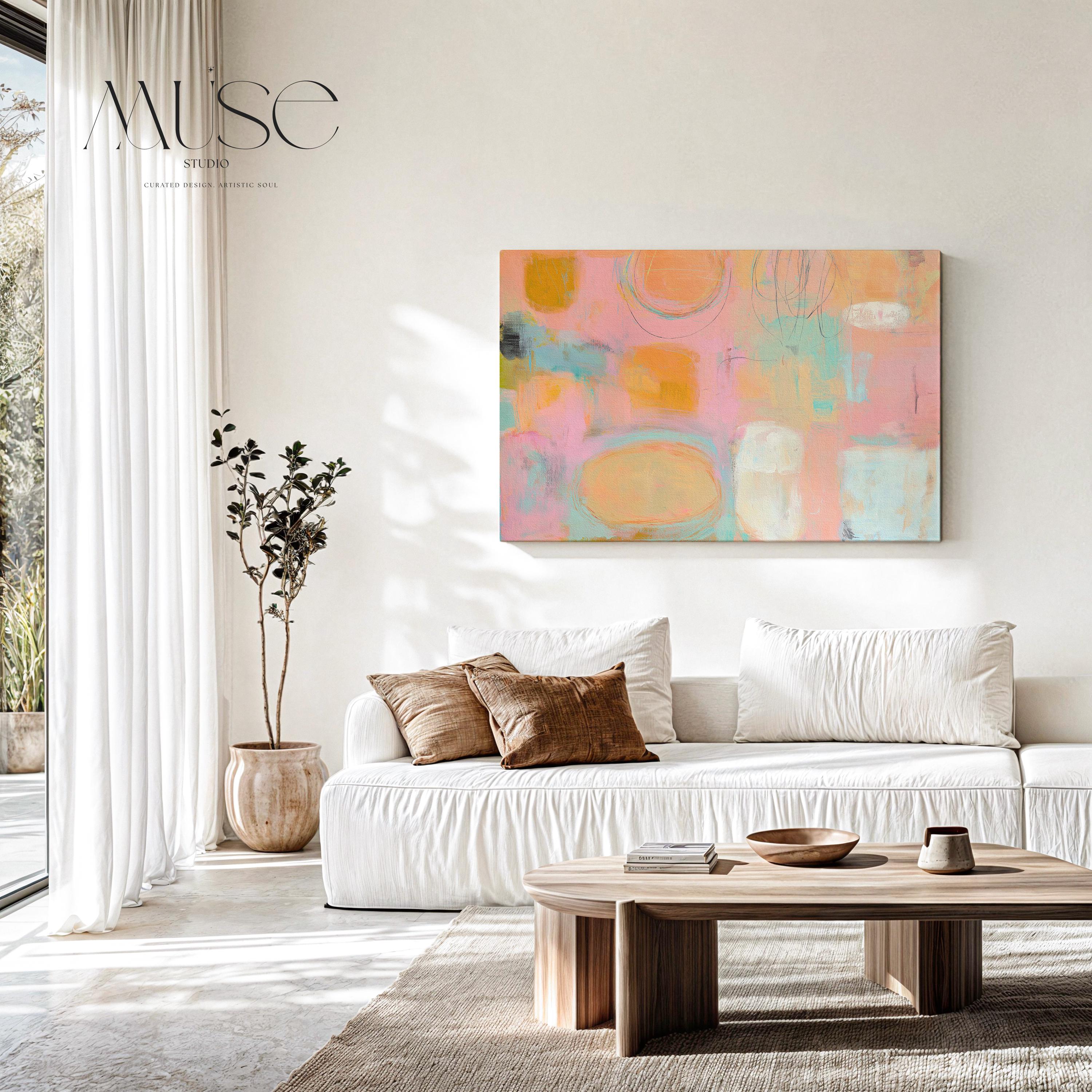 Oversized canvas wall art pastel abstract painting peach pink aqua horizontal soft decor preppy soft art warm minimalism bedroom MUSE 504 Stretched Canvas Art Large abstract wall decor on stretched canvas, gallery-wrapped and ready to hang. Perfect for colorful wall art in living rooms, office spaces, and design projects. Giclée canvas print with bold brushwork and vibrant modern style for impactful home decor. Muse Studio Decor Art.