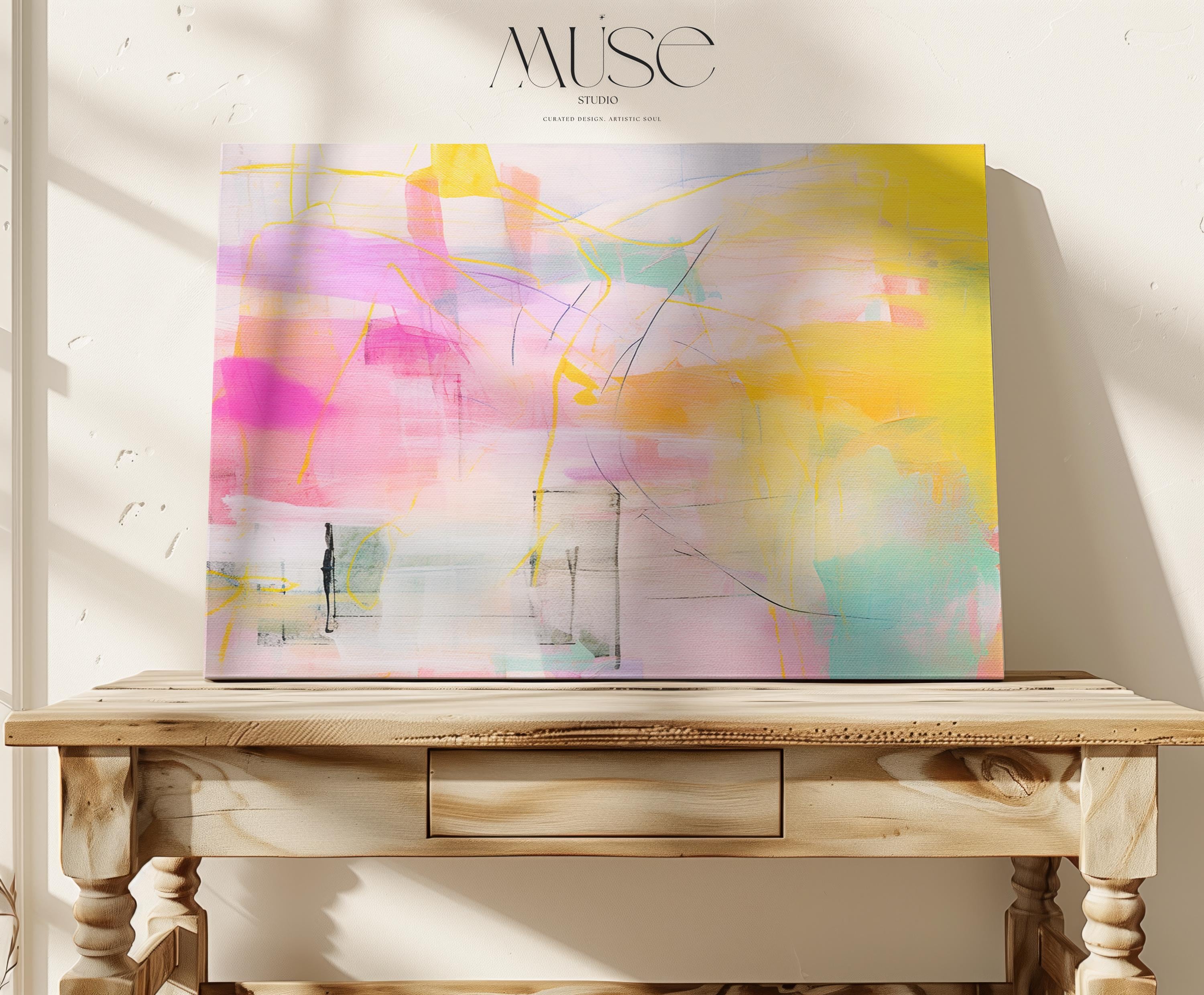 Stretched Canvas Art Large abstract wall decor on stretched canvas, gallery-wrapped and ready to hang. Perfect for colorful wall art in living rooms, office spaces, and design projects. Giclée canvas print with bold brushwork and vibrant modern style for impactful home decor. Muse Studio Decor Art. Bold Pastel Abstract Canvas Wall Art in Yellow Pink and Aqua Dopamine Decor Horizontal Large Art for Living Room or Creative Office AURORA_002