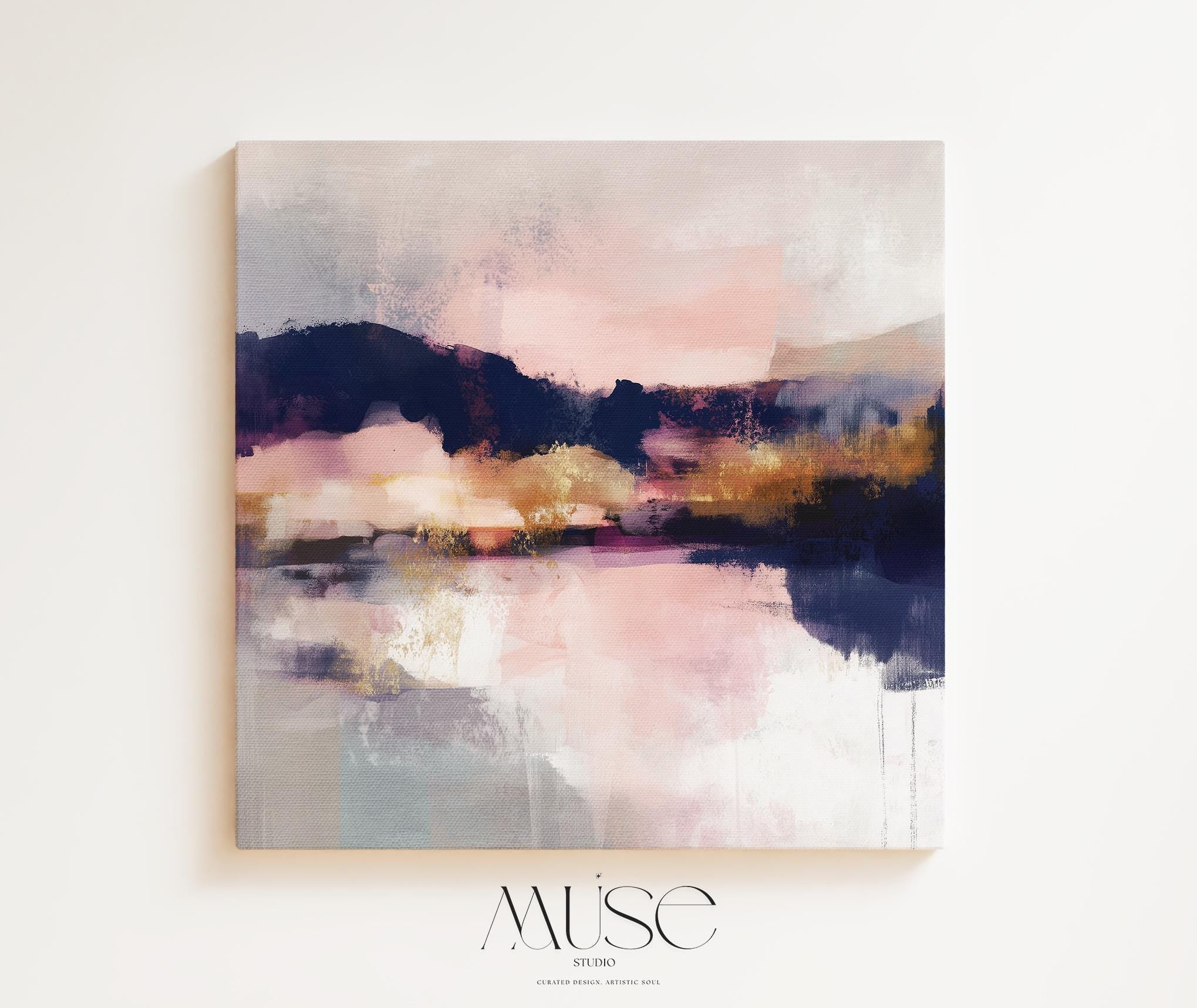 Muse Studio square abstract canvas wall art with pink, gold, and blue tones, museum-grade giclée inks on premium gallery-wrapped artist canvas, set in a floating wood frame, styled for a Soft Contemporary office or entryway interior.