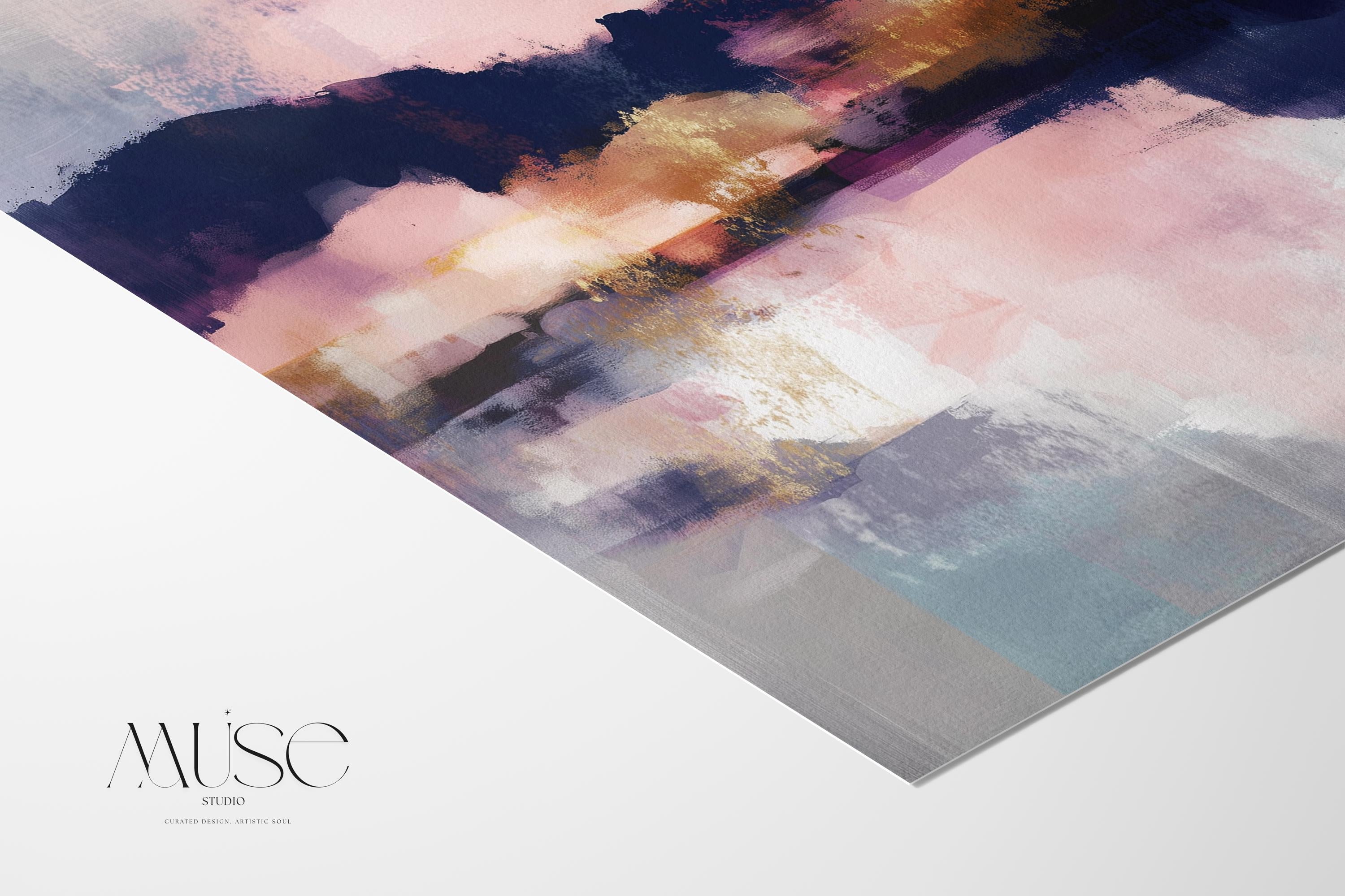 Muse Studio square abstract canvas wall art with pink, gold, and blue tones, museum-grade giclée inks on premium gallery-wrapped artist canvas, set in a floating wood frame, styled for a Soft Contemporary office or entryway interior.