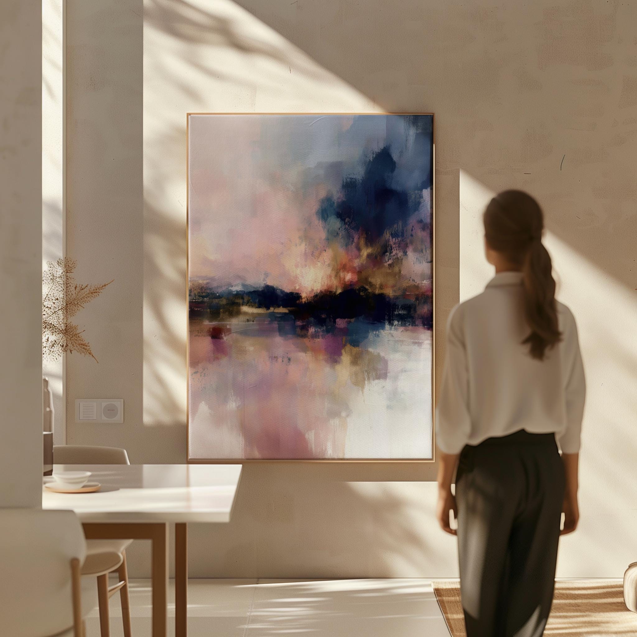 Framed Vertical Abstract Art Gold and White Canvas Painting Modern Pink Blue Giclee Wall Decor for Living Room or Office | 227