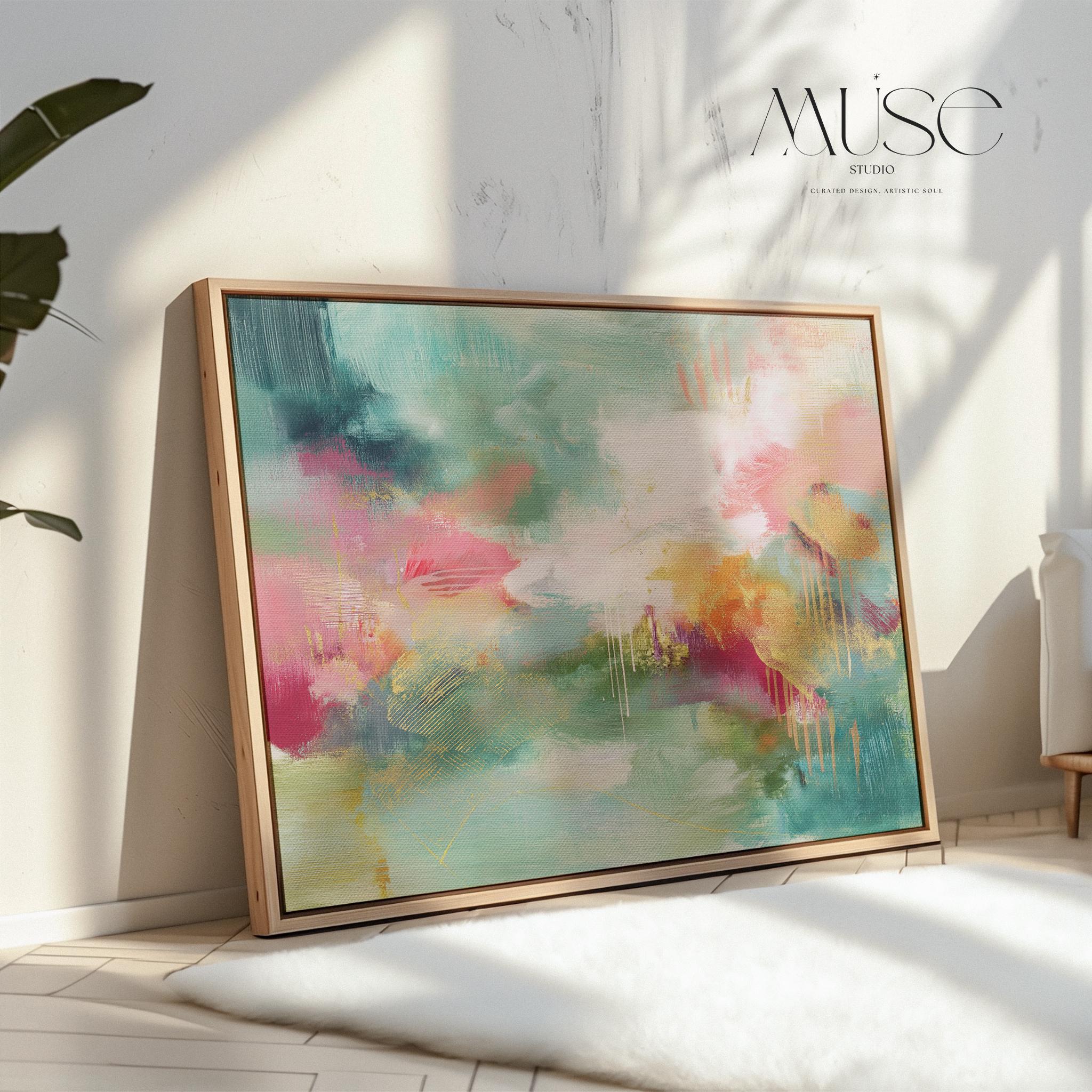 Green Pink Abstract Giclée Print: Eclectic Framed Canvas Wall Art 275a