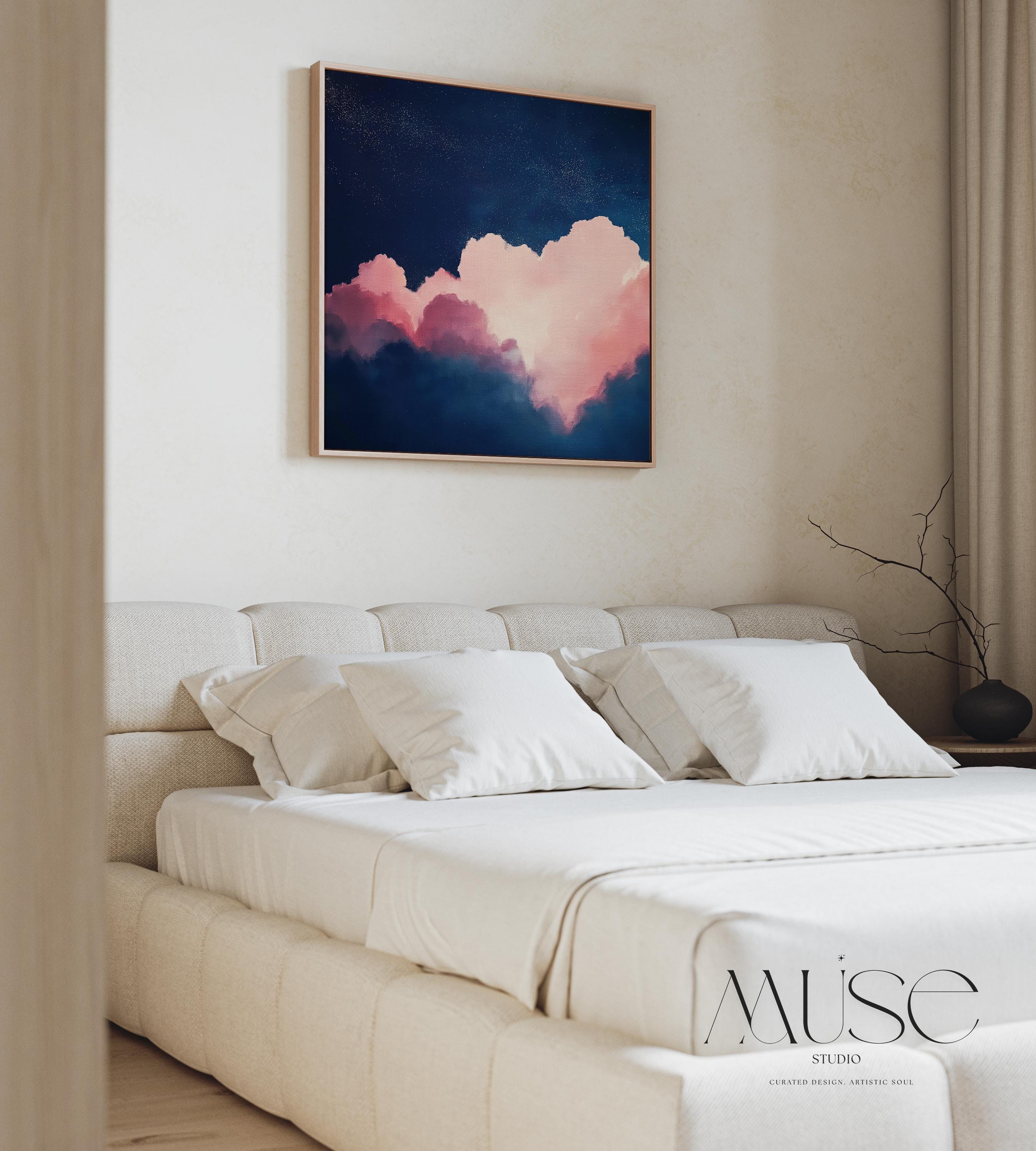 Oversized Canvas Wall Art Pink and Navy Cloud Painting Framed Abstract Sky Bedroom Decor Soft Contemporary Calm Mood Piece 466