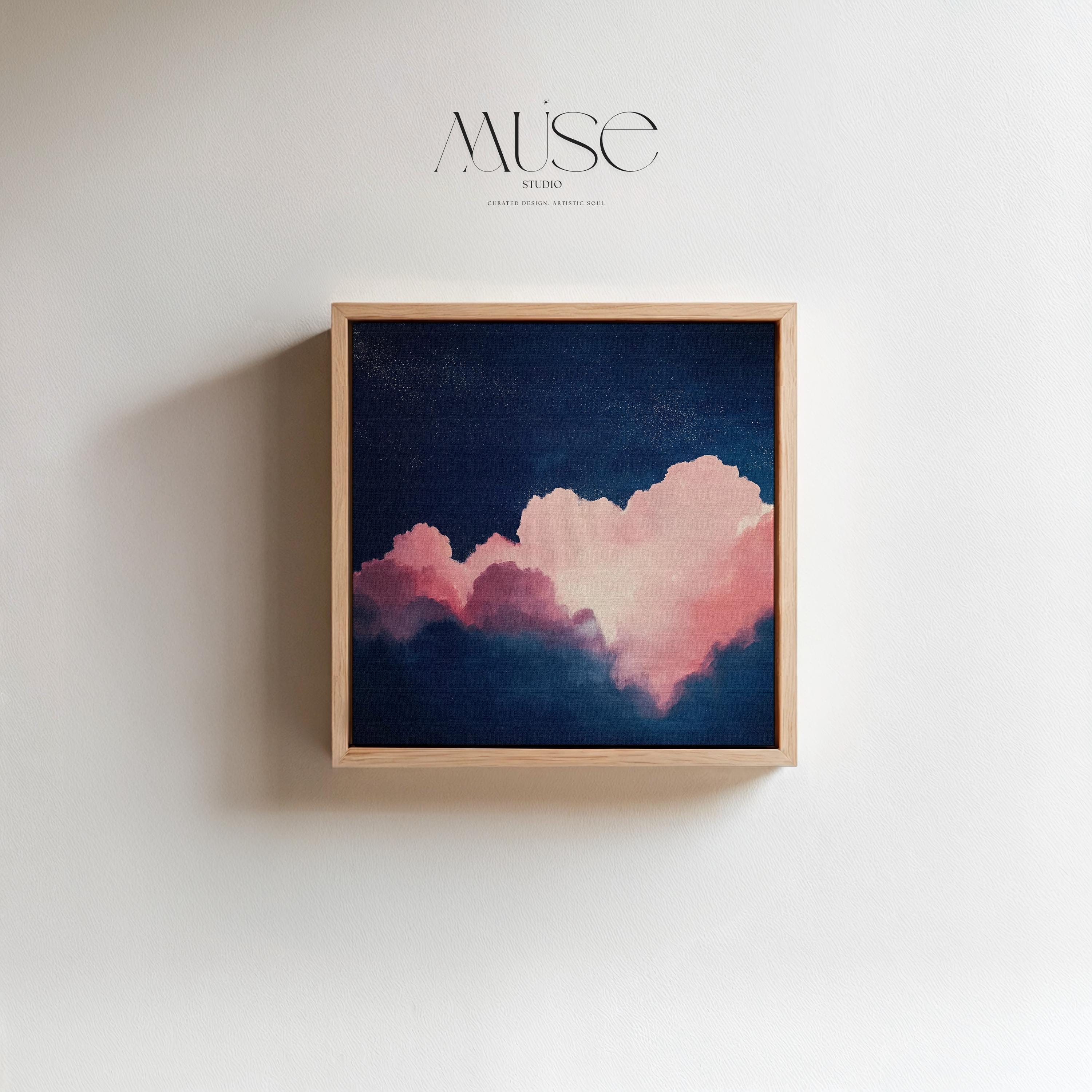 Oversized Canvas Wall Art Pink and Navy Cloud Painting Framed Abstract Sky Bedroom Decor Soft Contemporary Calm Mood Piece 466 Framed Canvas Art Colorful abstract wall art on framed canvas, perfect for bold decor art and modern wall decor. Large statement piece with expressive brushstrokes and rich textures. Ready-to-hang giclée canvas designed to energize living rooms, offices, bedrooms and curated interiors. Muse Studio Decor Art.