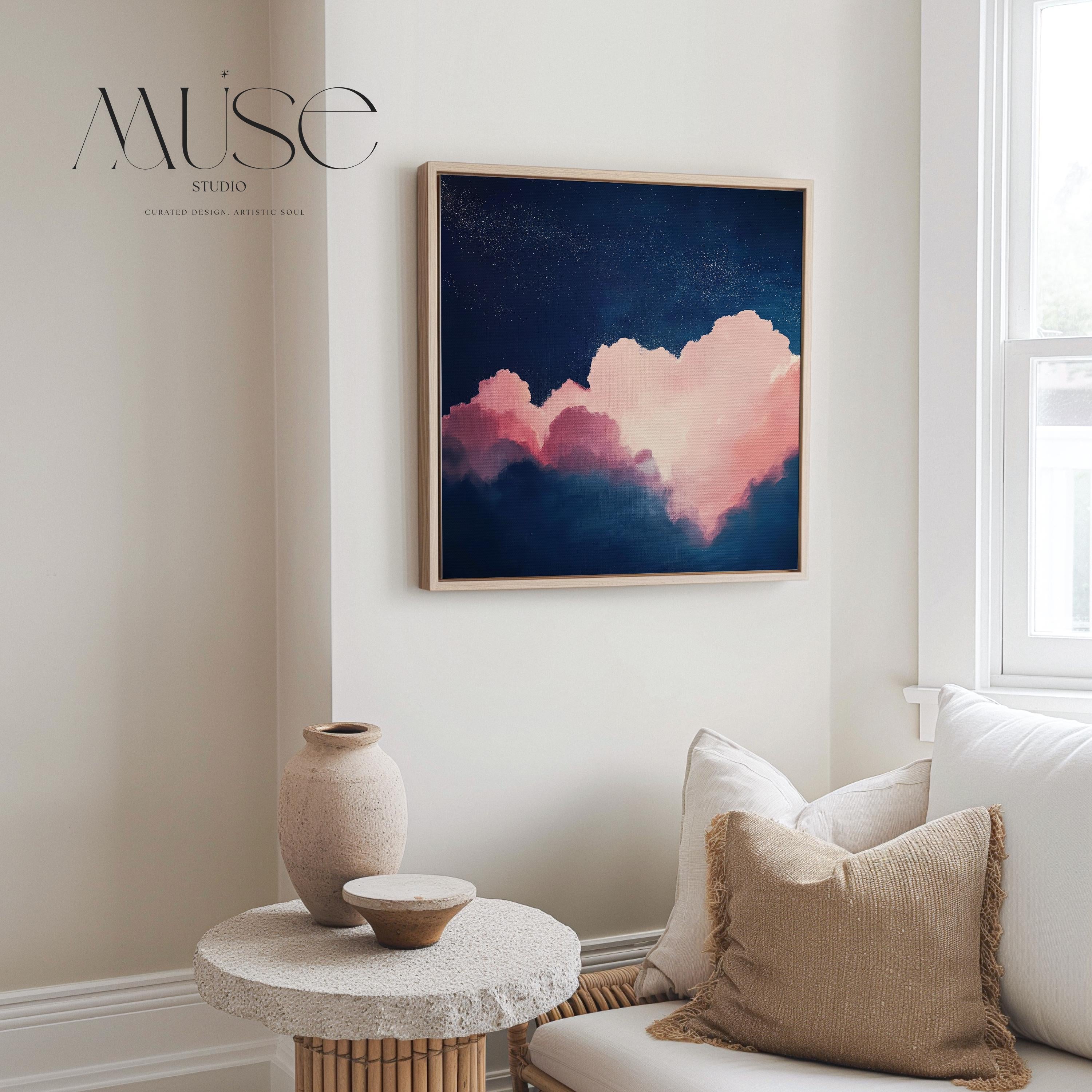 Oversized Canvas Wall Art Pink and Navy Cloud Painting Framed Abstract Sky Bedroom Decor Soft Contemporary Calm Mood Piece 466 Framed Canvas Art Colorful abstract wall art on framed canvas, perfect for bold decor art and modern wall decor. Large statement piece with expressive brushstrokes and rich textures. Ready-to-hang giclée canvas designed to energize living rooms, offices, bedrooms and curated interiors. Muse Studio Decor Art.