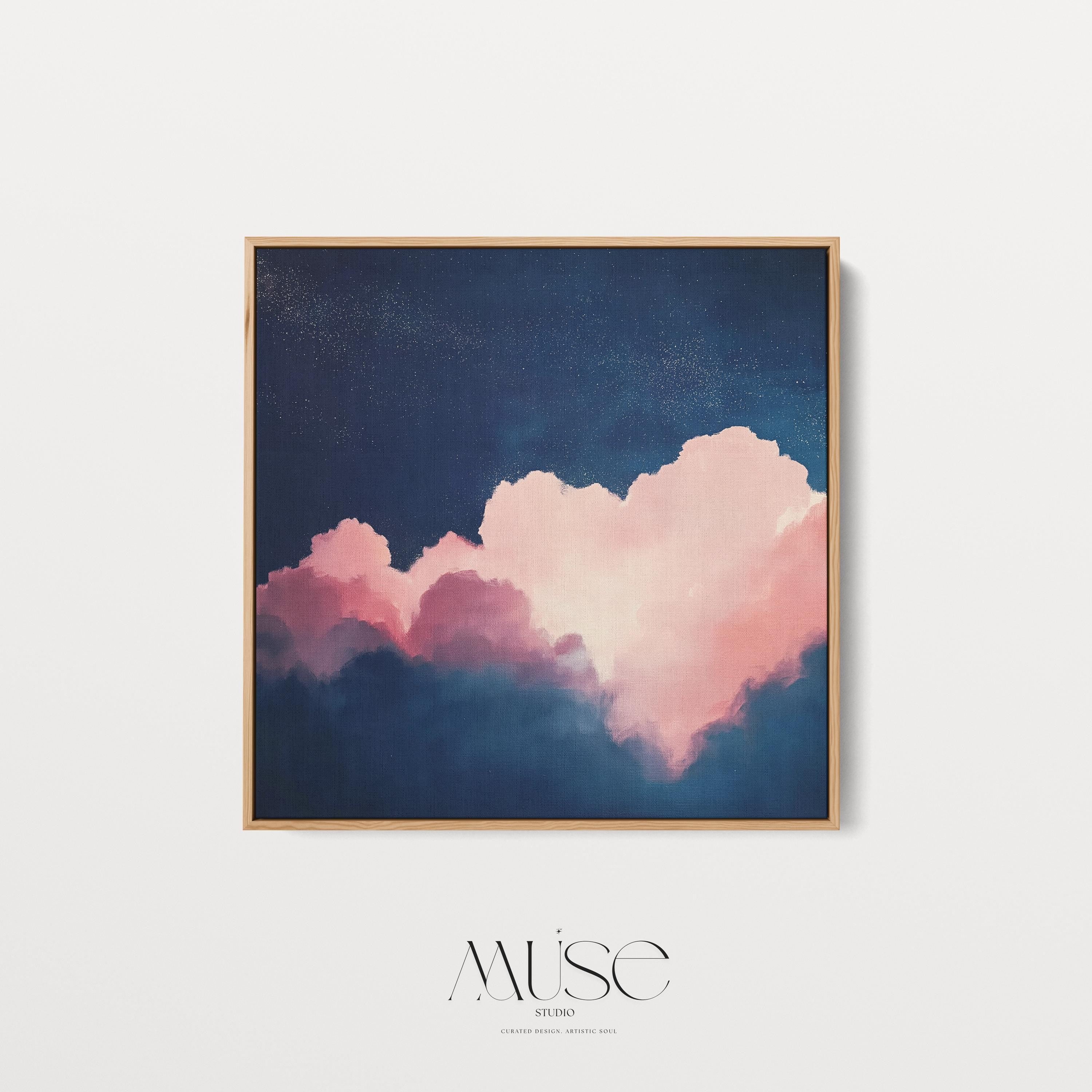 Oversized Canvas Wall Art Pink and Navy Cloud Painting Framed Abstract Sky Bedroom Decor Soft Contemporary Calm Mood Piece 466 Framed Canvas Art Colorful abstract wall art on framed canvas, perfect for bold decor art and modern wall decor. Large statement piece with expressive brushstrokes and rich textures. Ready-to-hang giclée canvas designed to energize living rooms, offices, bedrooms and curated interiors. Muse Studio Decor Art.
