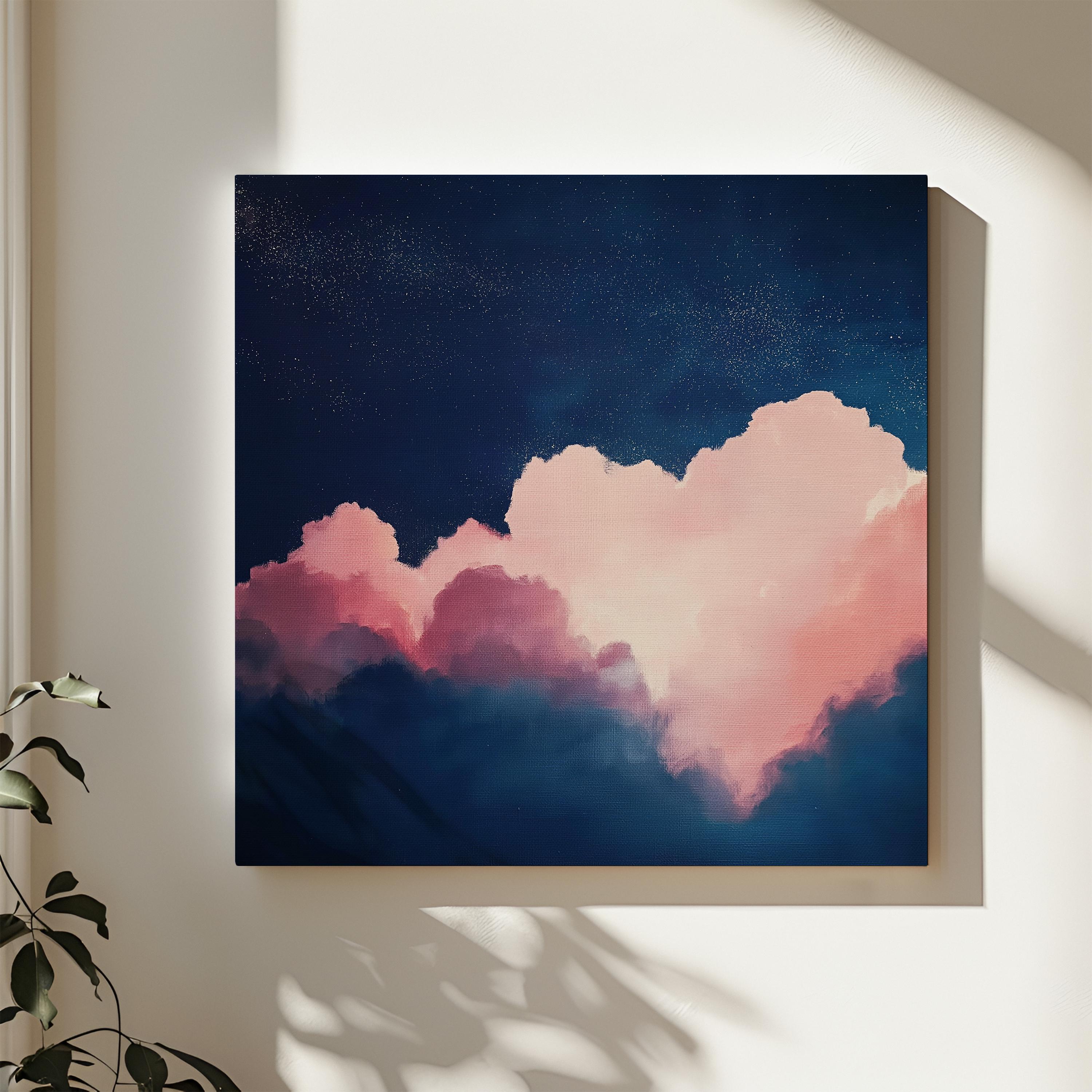Oversized Canvas Wall Art Abstract Cloud Painting in Pink and Navy Large Modern Decor for Living Room Soft Contemporary Statement 466