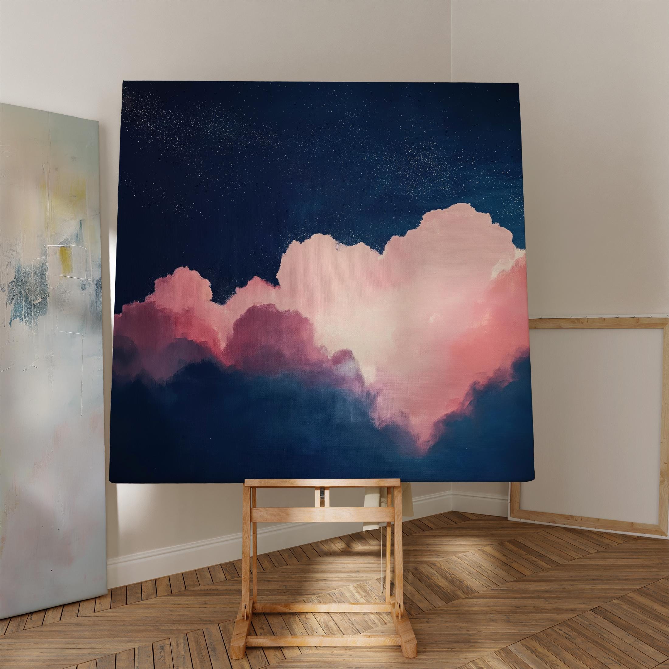 Oversized Canvas Wall Art Abstract Cloud Painting in Pink and Navy Large Modern Decor for Living Room Soft Contemporary Statement 466