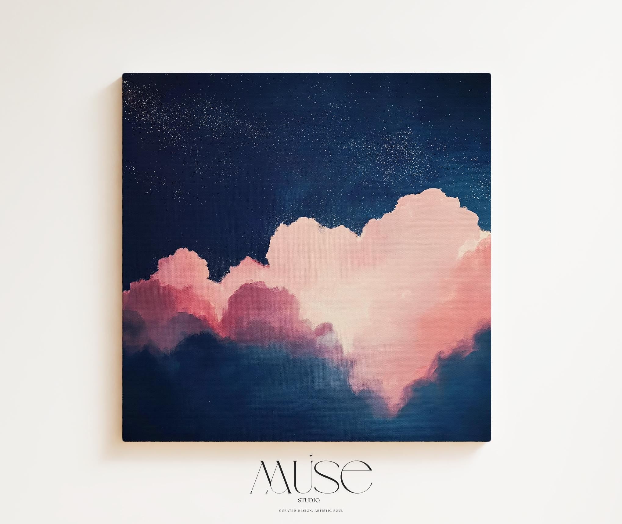 Oversized Canvas Wall Art Abstract Cloud Painting in Pink and Navy Large Modern Decor for Living Room Soft Contemporary Statement 466