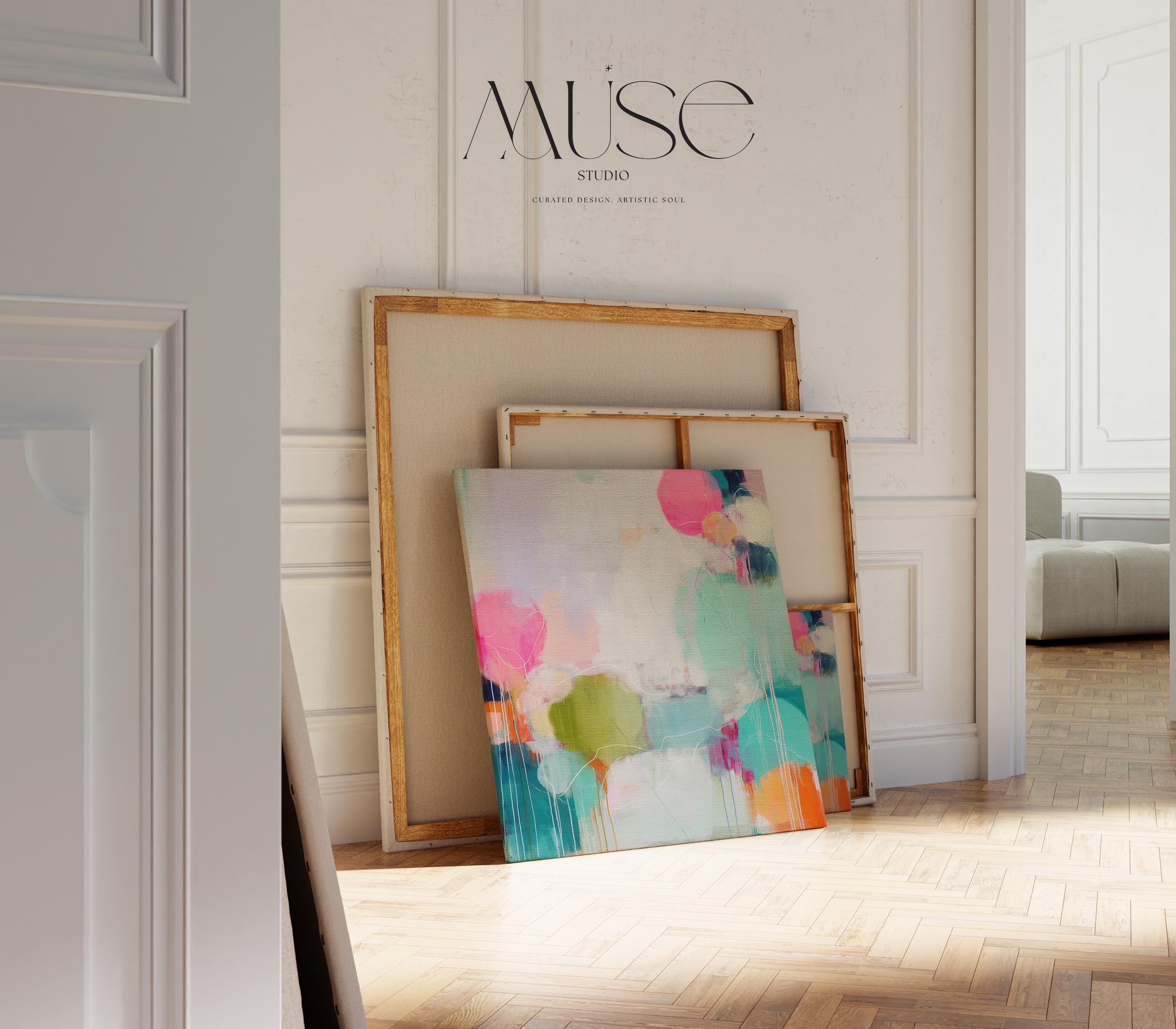 Colorful Abstract Canvas Wall Art Pink Aqua Chartreuse Dopamine Decor for Office or Living Room Soft Modern Statement Artwork 465 Stretched Canvas Art Large abstract wall decor on stretched canvas, gallery-wrapped and ready to hang. Perfect for colorful wall art in living rooms, office spaces, and design projects. Giclée canvas print with bold brushwork and vibrant modern style for impactful home decor. Muse Studio Decor Art.
