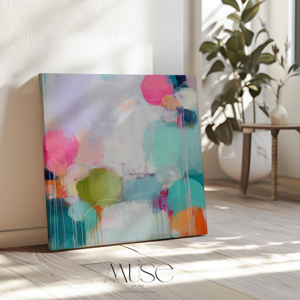 Colorful Abstract Canvas Wall Art Pink Aqua Chartreuse Dopamine Decor for Office or Living Room Soft Modern Statement Artwork 465 Stretched Canvas Art Large abstract wall decor on stretched canvas, gallery-wrapped and ready to hang. Perfect for colorful wall art in living rooms, office spaces, and design projects. Giclée canvas print with bold brushwork and vibrant modern style for impactful home decor. Muse Studio Decor Art.