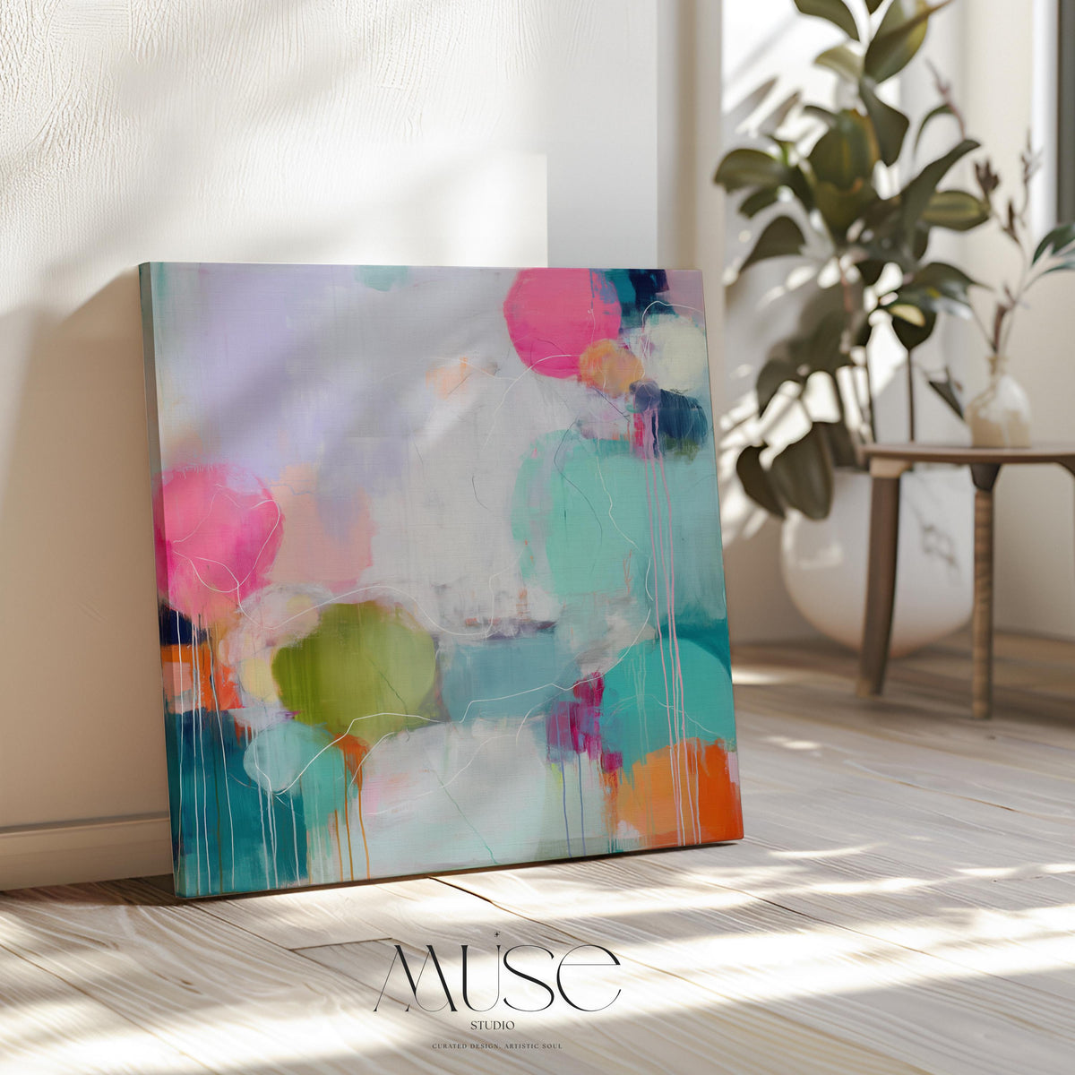 Colorful Abstract Canvas Wall Art Pink Aqua Chartreuse Dopamine Decor for Office or Living Room Soft Modern Statement Artwork 465 Stretched Canvas Art Large abstract wall decor on stretched canvas, gallery-wrapped and ready to hang. Perfect for colorful wall art in living rooms, office spaces, and design projects. Giclée canvas print with bold brushwork and vibrant modern style for impactful home decor. Muse Studio Decor Art.