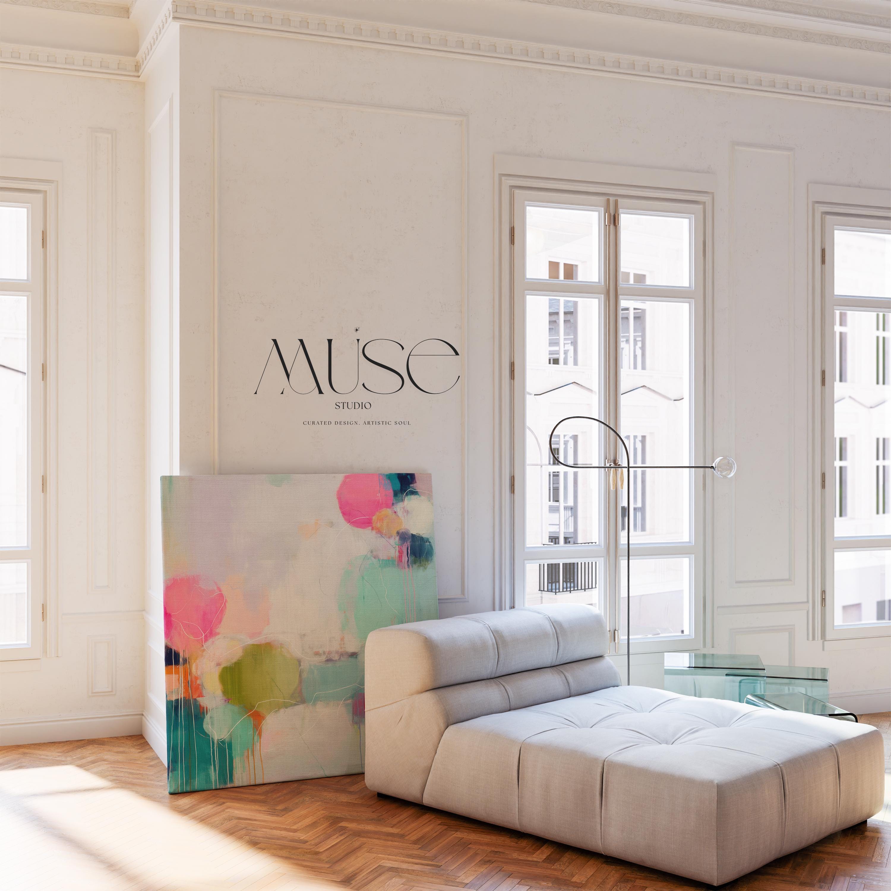 Large horizontal colorful abstract wall art print by Muse Studio featuring vibrant pink, aqua, and citrus tones, printed with archival giclée inks on premium watercolor-textured fine art paper for rich saturation and long-lasting color, ready for custom framing in creative boho and color pop interiors.