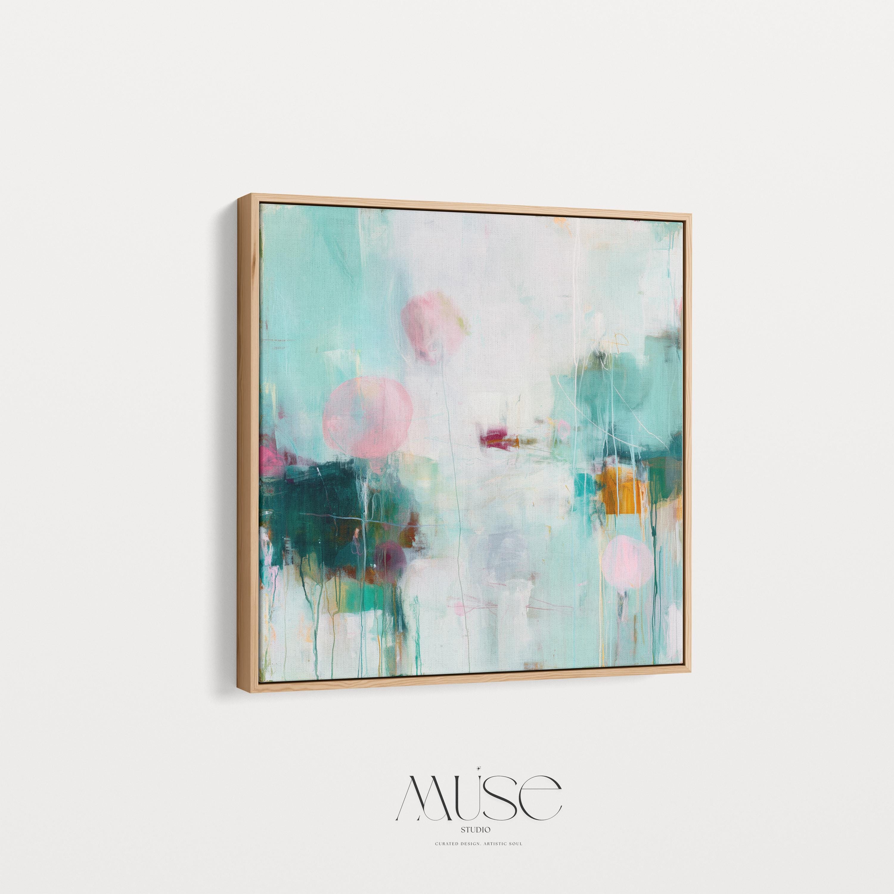 Oversized Canvas Wall Art Aqua Pink Abstract Painting Framed Large Modern Home Office Dining Room Decor Soft Contemporary Statement Art 464