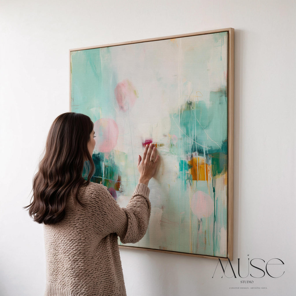 Oversized Canvas Wall Art Aqua Pink Abstract Painting Framed Large Modern Home Office Dining Room Decor Soft Contemporary Statement Art 464 Framed Canvas Art Colorful abstract wall art on framed canvas, perfect for bold decor art and modern wall decor. Large statement piece with expressive brushstrokes and rich textures. Ready-to-hang giclée canvas designed to energize living rooms, offices, bedrooms and curated interiors. Muse Studio Decor Art.