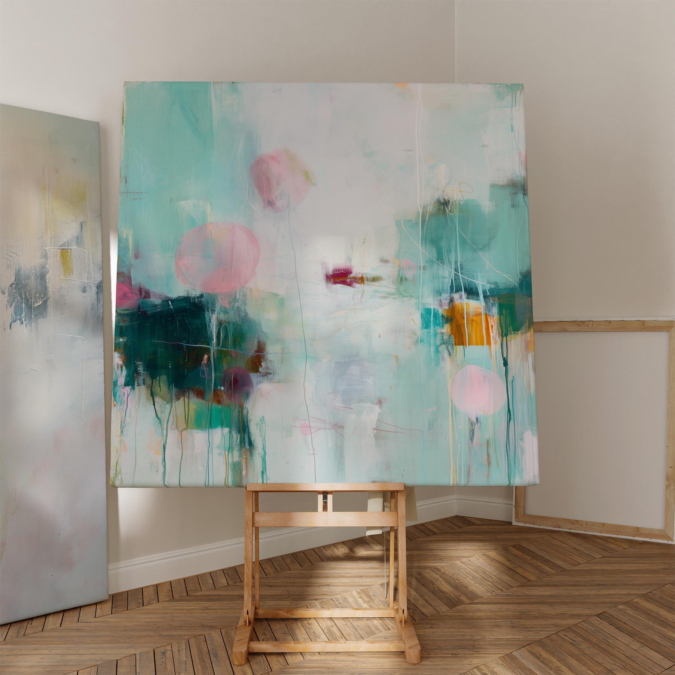Large Abstract Canvas Art Pink Soft Nuetral Aqua Green Studio Painting Soft Colorful Wall Decor Modern Boutique Interior Statement Piece 464 Room Staging Colorful abstract wall decor styled in a modern neutral home. Large statement wall art displayed in living room, bedroom, or office spaces. Vibrant canvas or giclée decor art adds bold visual impact to contemporary interiors, ideal for home staging, office design, and curated spaces. Muse Studio Decor Art.