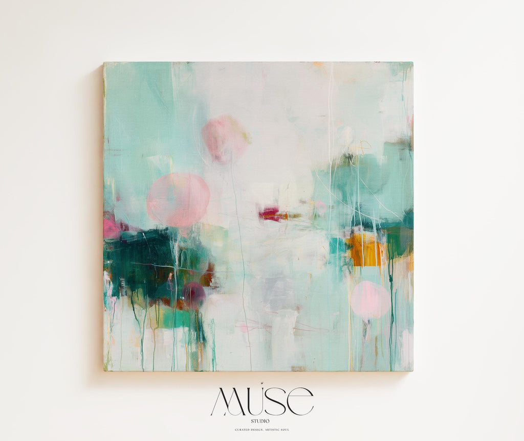 Large horizontal abstract canvas wall art by Muse Studio featuring hazy aqua, soft blush, and deep green tones, printed with museum-grade giclée inks on premium artist canvas and hand-stretched over solid wood bars for gallery-quality presentation in organic transitional interiors.