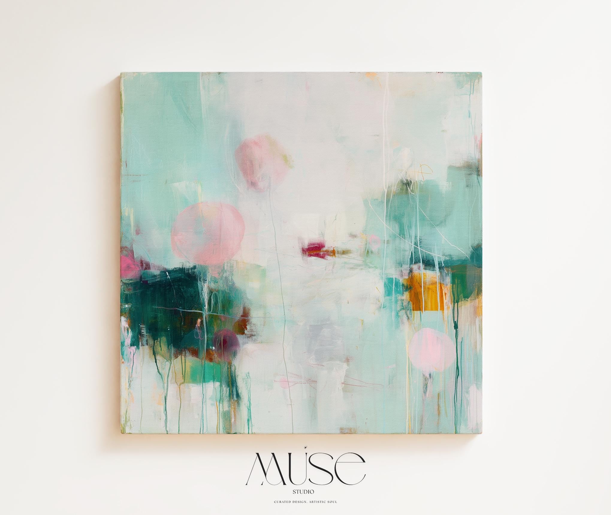 Large horizontal abstract canvas wall art by Muse Studio featuring hazy aqua, soft blush, and deep green tones, printed with museum-grade giclée inks on premium artist canvas and hand-stretched over solid wood bars for gallery-quality presentation in organic transitional interiors.