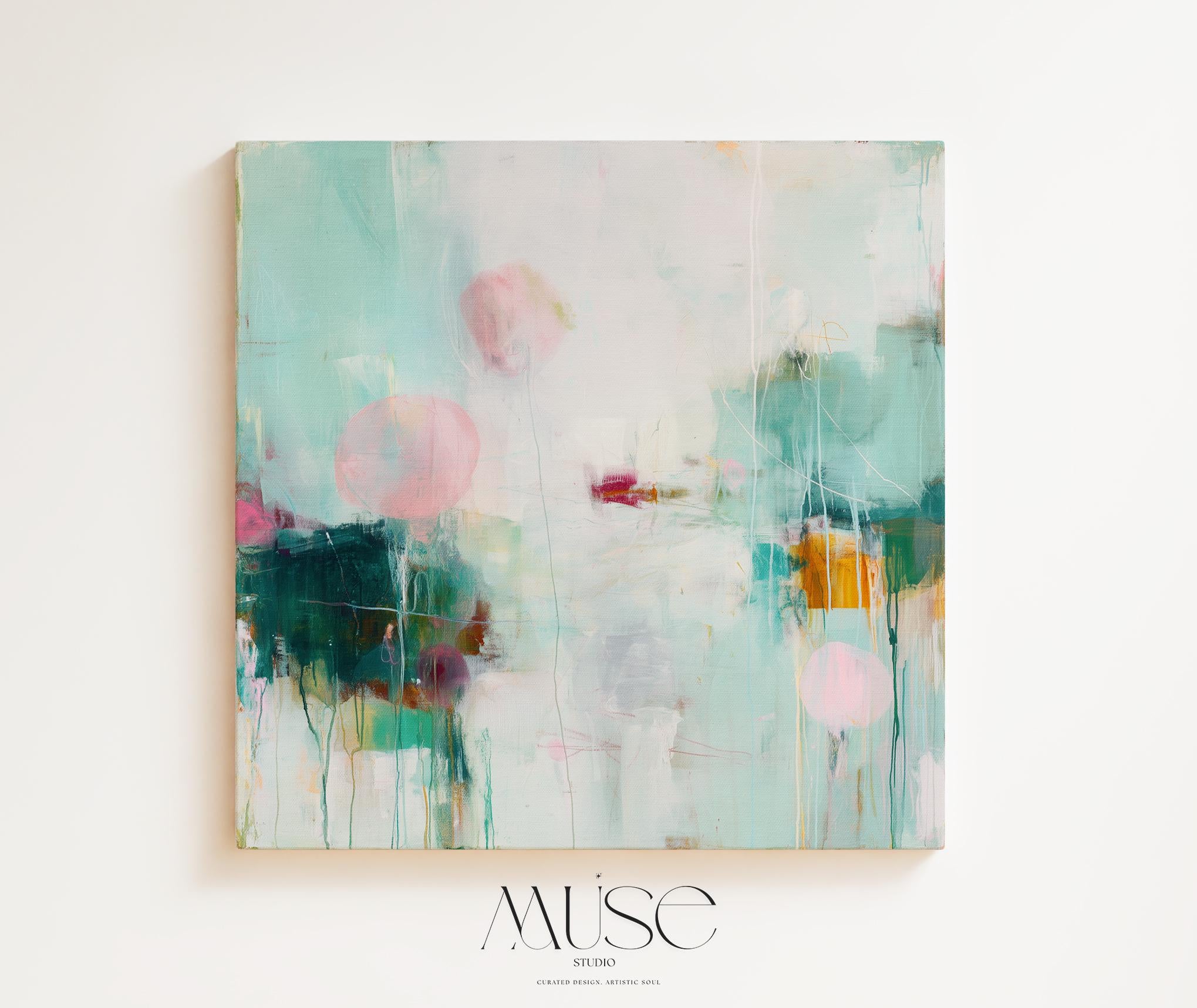 Large horizontal abstract canvas wall art by Muse Studio featuring hazy aqua, soft blush, and deep green tones, printed with museum-grade giclée inks on premium artist canvas and hand-stretched over solid wood bars for gallery-quality presentation in organic transitional interiors.